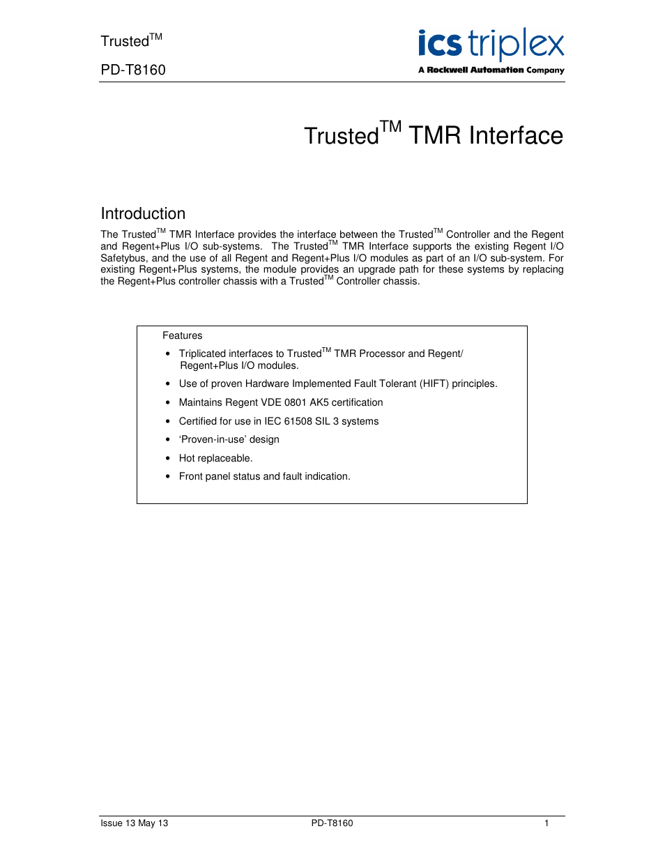 Rockwell Automation T8160 Trusted TMR Interface User Manual | 80 pages