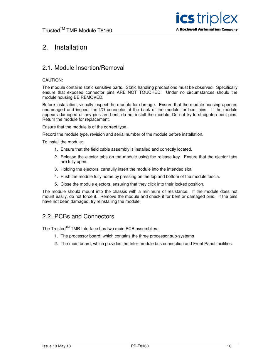 Installation, Module insertion/removal, Pcbs and connectors | Rockwell Automation T8160 Trusted TMR Interface User Manual | Page 10 / 80