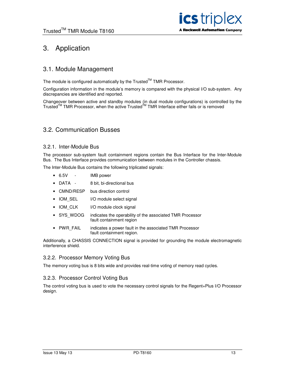 Application, Module management, Communication busses | Rockwell Automation T8160 Trusted TMR Interface User Manual | Page 13 / 80