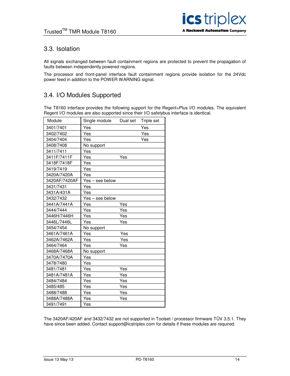 Isolation, I/o modules supported | Rockwell Automation T8160 Trusted TMR Interface User Manual | Page 14 / 80