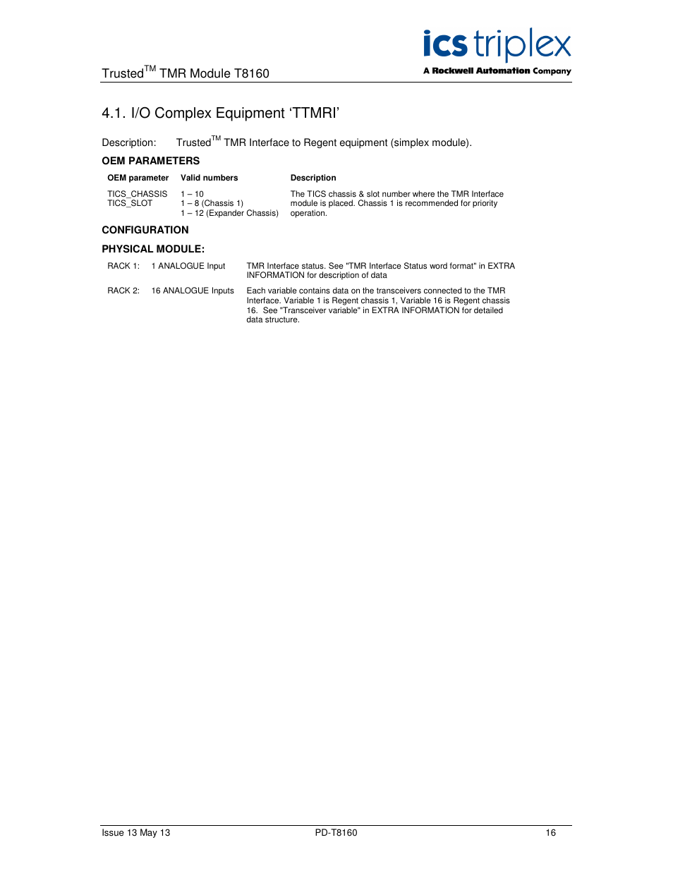 I/o complex equipment ‘ttmri, Trusted, Tmr module t8160 | Rockwell Automation T8160 Trusted TMR Interface User Manual | Page 16 / 80