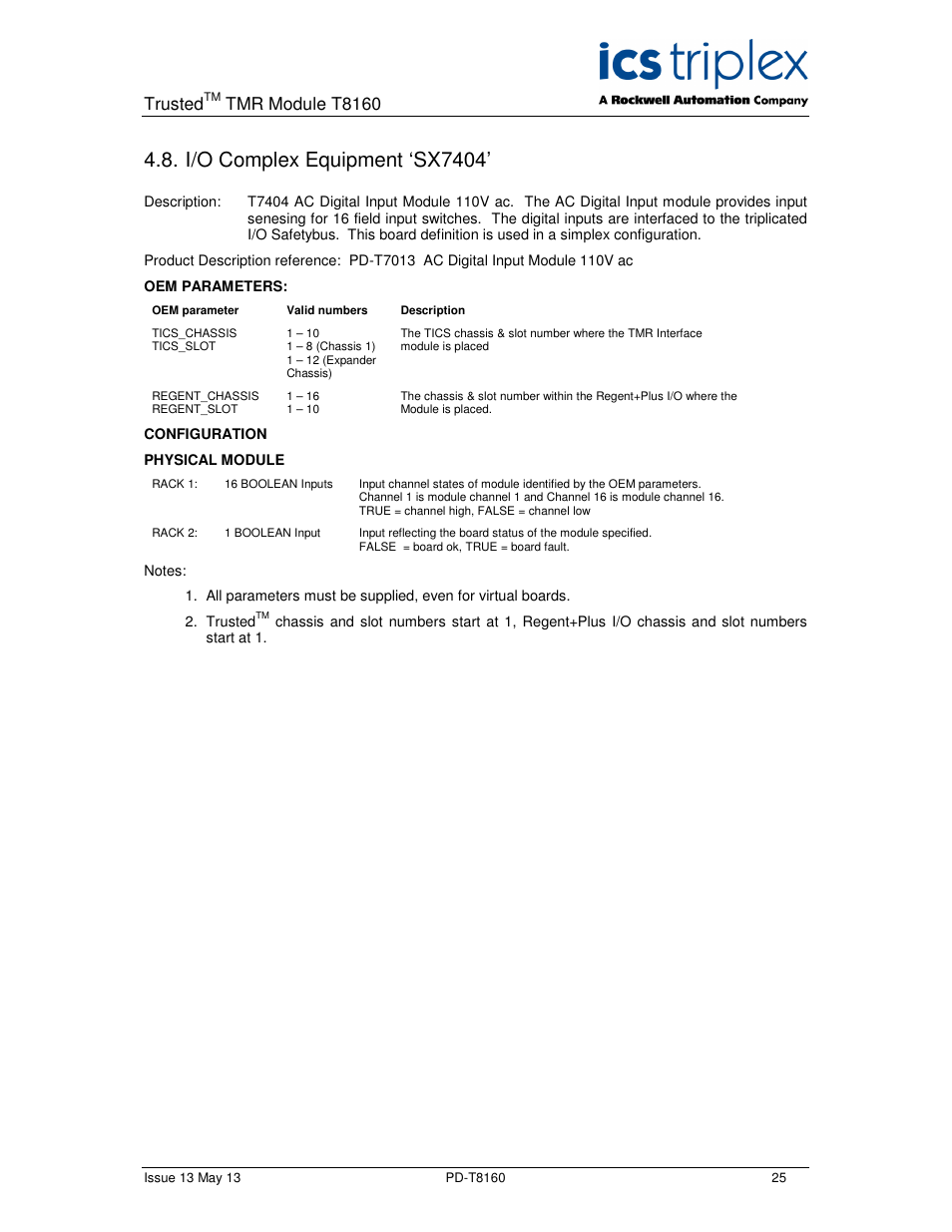 I/o complex equipment ‘sx7404, Trusted, Tmr module t8160 | Rockwell Automation T8160 Trusted TMR Interface User Manual | Page 25 / 80
