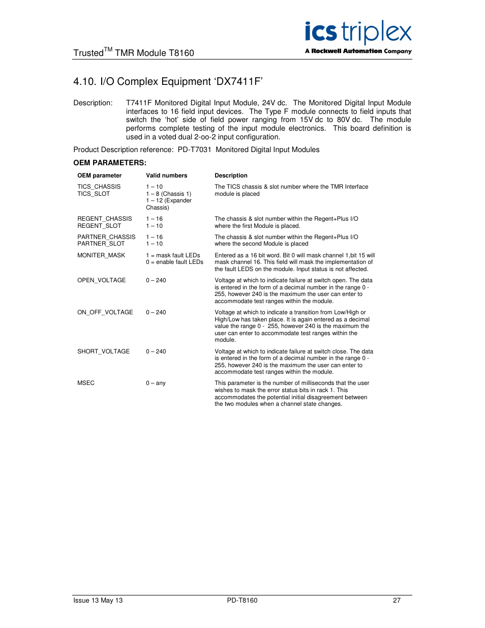 I/o complex equipment ‘dx7411f, Trusted, Tmr module t8160 | Rockwell Automation T8160 Trusted TMR Interface User Manual | Page 27 / 80