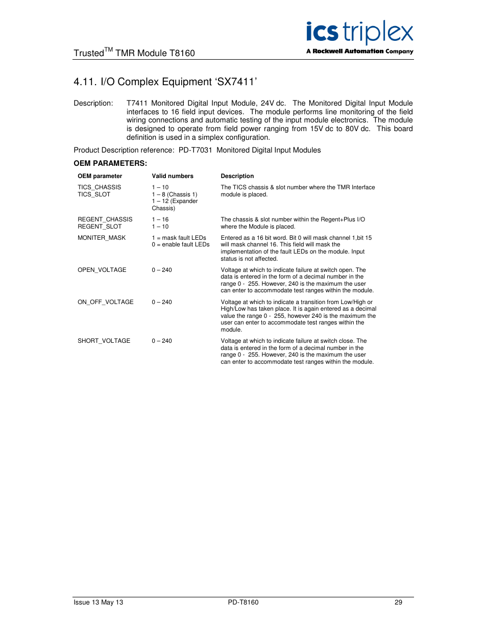 I/o complex equipment ‘sx7411, Trusted, Tmr module t8160 | Rockwell Automation T8160 Trusted TMR Interface User Manual | Page 29 / 80