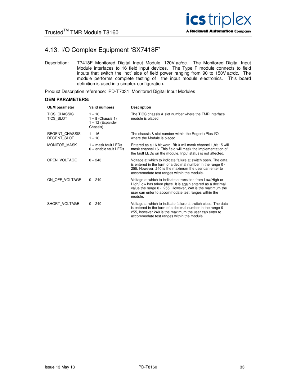 I/o complex equipment ‘sx7418f, Trusted, Tmr module t8160 | Rockwell Automation T8160 Trusted TMR Interface User Manual | Page 33 / 80