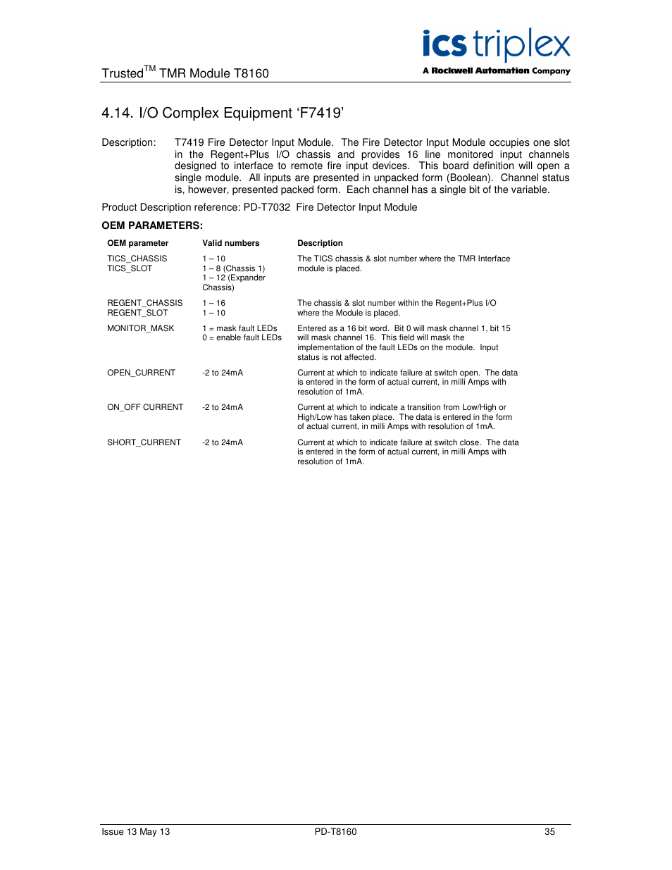 I/o complex equipment ‘f7419, Trusted, Tmr module t8160 | Rockwell Automation T8160 Trusted TMR Interface User Manual | Page 35 / 80