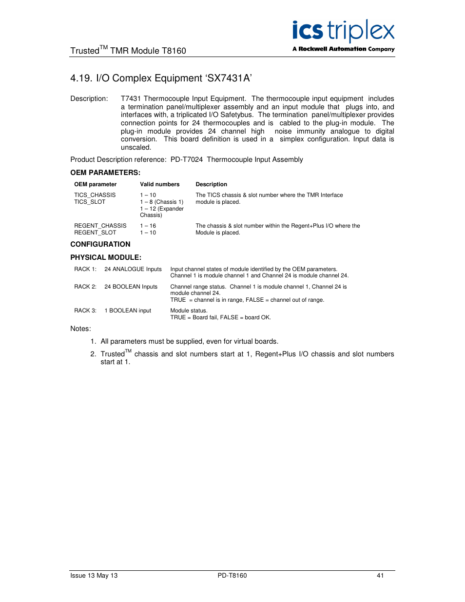 I/o complex equipment ‘sx7431a, Trusted, Tmr module t8160 | Rockwell Automation T8160 Trusted TMR Interface User Manual | Page 41 / 80