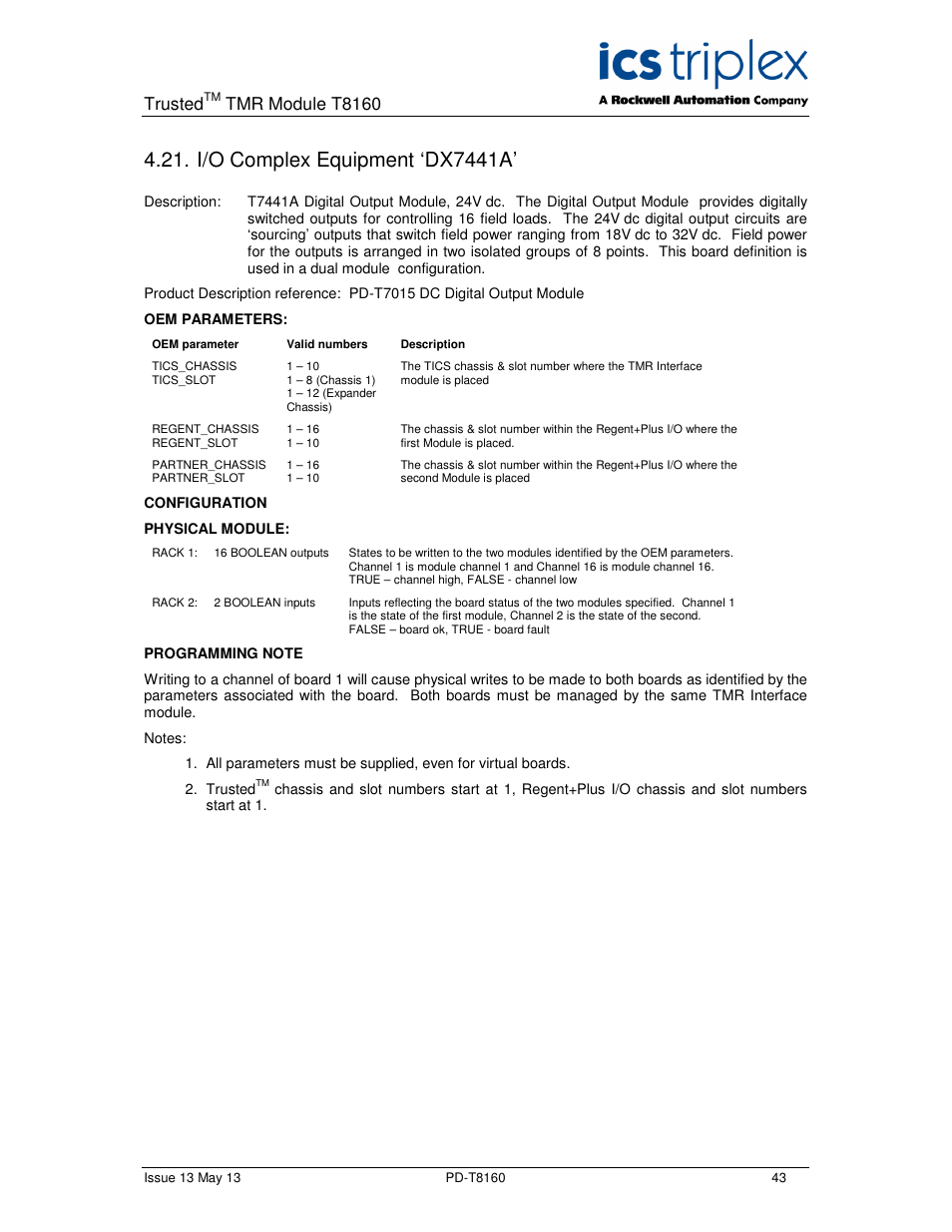 I/o complex equipment ‘dx7441a, Trusted, Tmr module t8160 | Rockwell Automation T8160 Trusted TMR Interface User Manual | Page 43 / 80