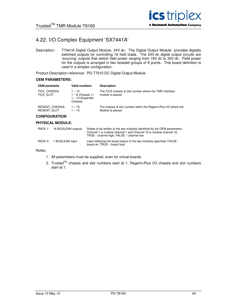 I/o complex equipment ‘sx7441a, Trusted, Tmr module t8160 | Rockwell Automation T8160 Trusted TMR Interface User Manual | Page 44 / 80