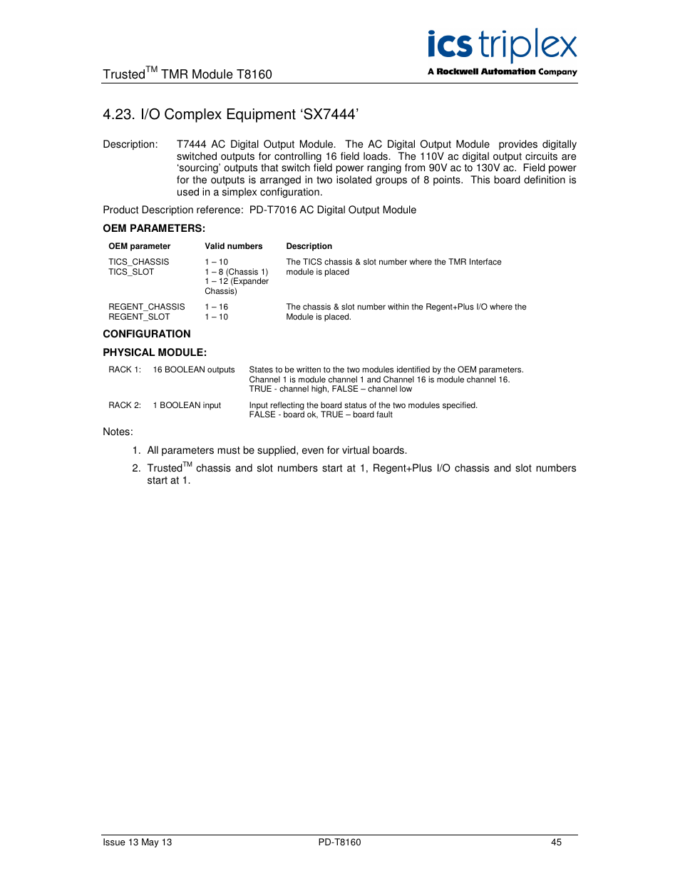 I/o complex equipment ‘sx7444, Trusted, Tmr module t8160 | Rockwell Automation T8160 Trusted TMR Interface User Manual | Page 45 / 80