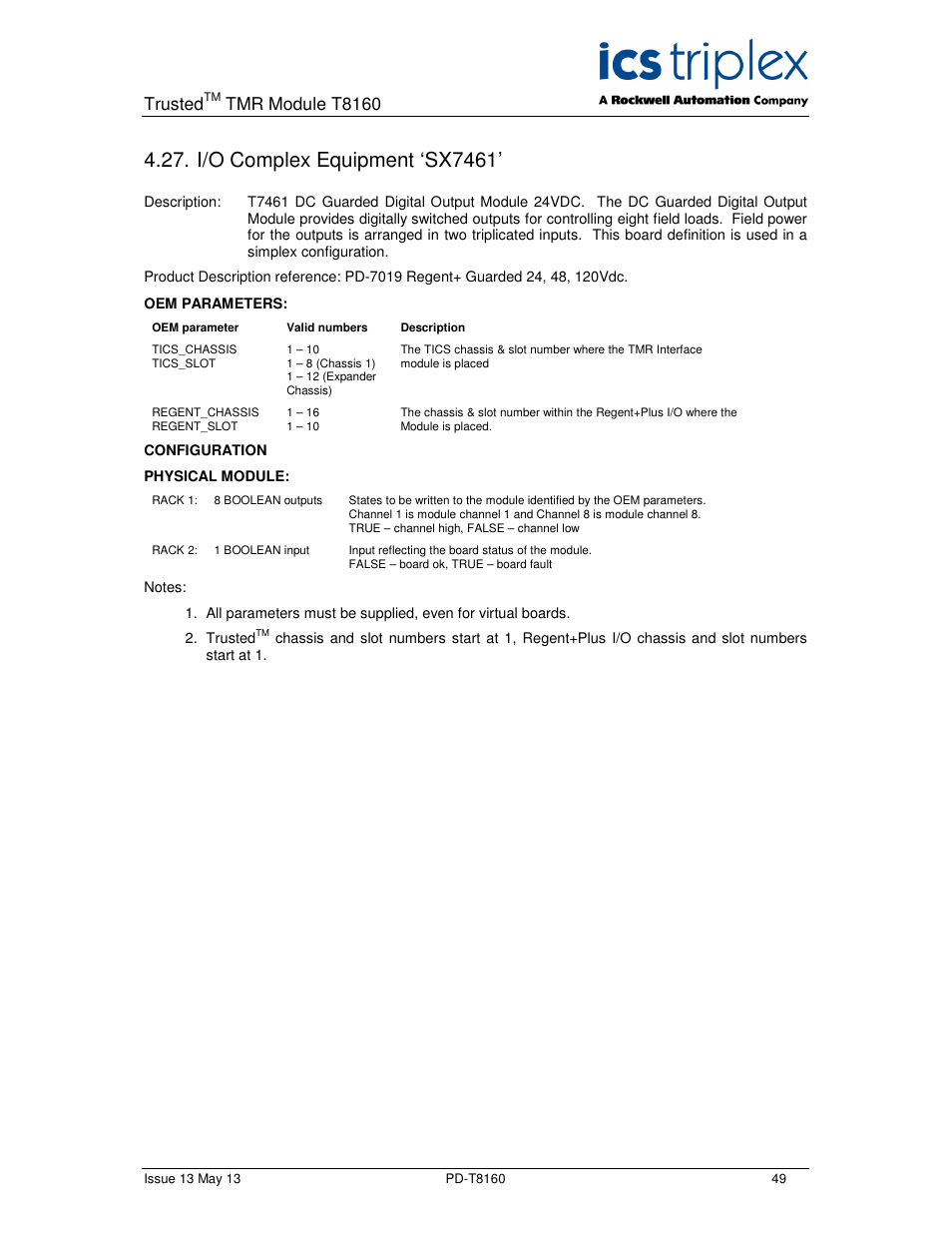 I/o complex equipment ‘sx7461, Trusted, Tmr module t8160 | Rockwell Automation T8160 Trusted TMR Interface User Manual | Page 49 / 80