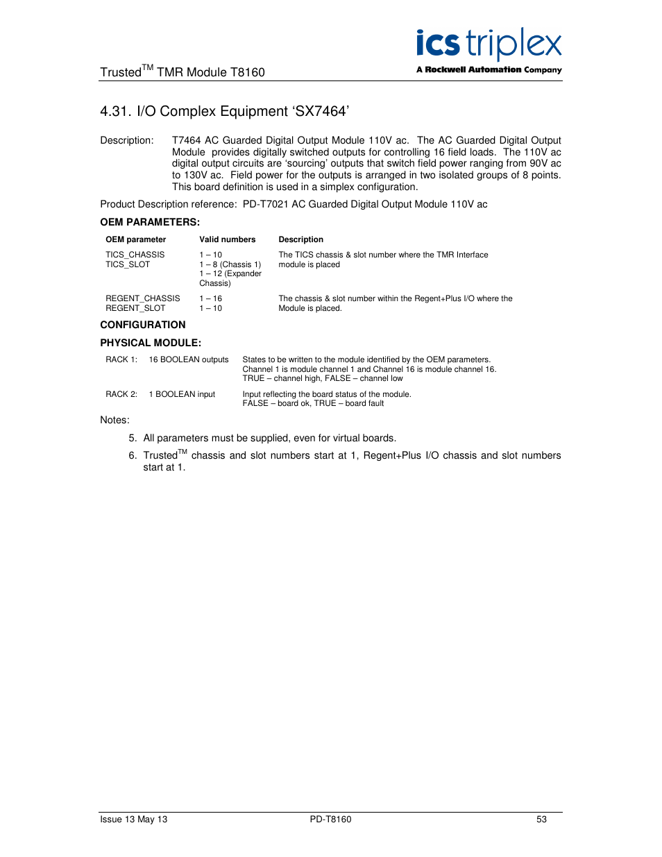 I/o complex equipment ‘sx7464, Trusted, Tmr module t8160 | Rockwell Automation T8160 Trusted TMR Interface User Manual | Page 53 / 80