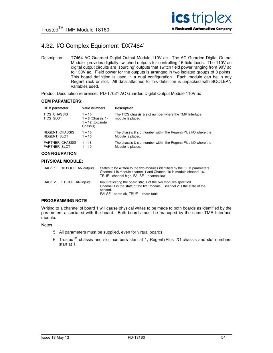 I/o complex equipment ‘dx7464, Trusted, Tmr module t8160 | Rockwell Automation T8160 Trusted TMR Interface User Manual | Page 54 / 80