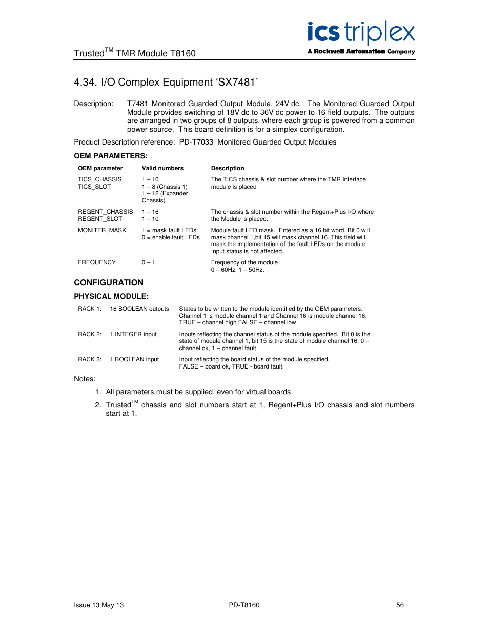 I/o complex equipment ‘sx7481, Trusted, Tmr module t8160 | Rockwell Automation T8160 Trusted TMR Interface User Manual | Page 56 / 80