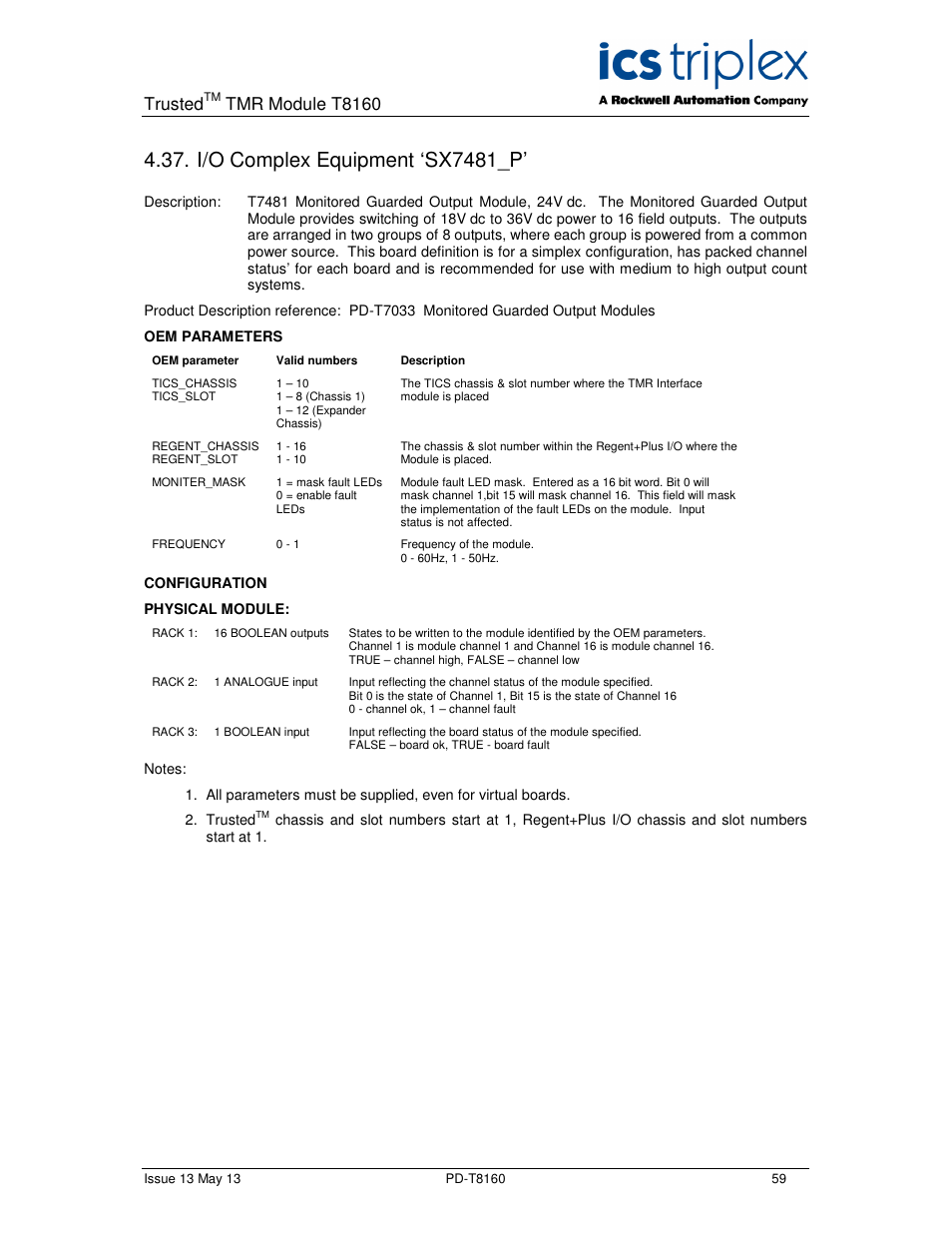 I/o complex equipment ‘sx7481_p, Trusted, Tmr module t8160 | Rockwell Automation T8160 Trusted TMR Interface User Manual | Page 59 / 80