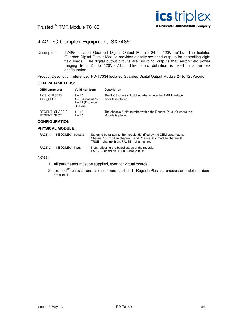 I/o complex equipment ‘sx7485, Trusted, Tmr module t8160 | Rockwell Automation T8160 Trusted TMR Interface User Manual | Page 64 / 80