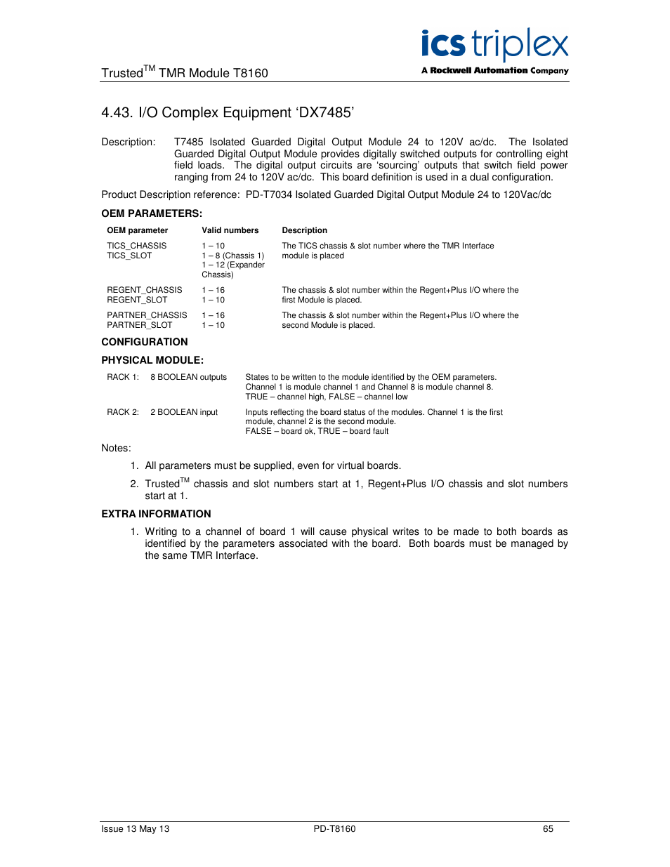 I/o complex equipment ‘dx7485, Trusted, Tmr module t8160 | Rockwell Automation T8160 Trusted TMR Interface User Manual | Page 65 / 80