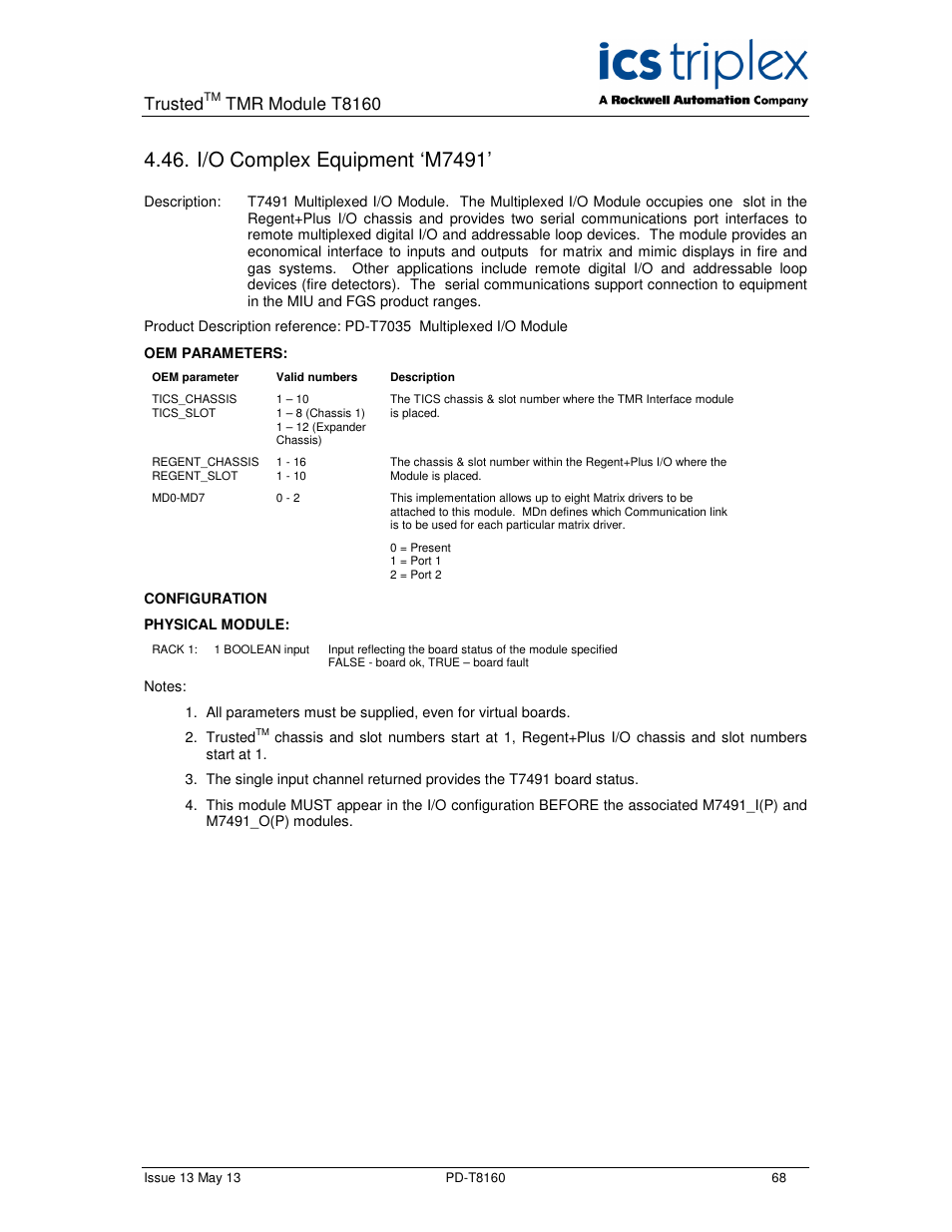 I/o complex equipment ‘m7491, Trusted, Tmr module t8160 | Rockwell Automation T8160 Trusted TMR Interface User Manual | Page 68 / 80