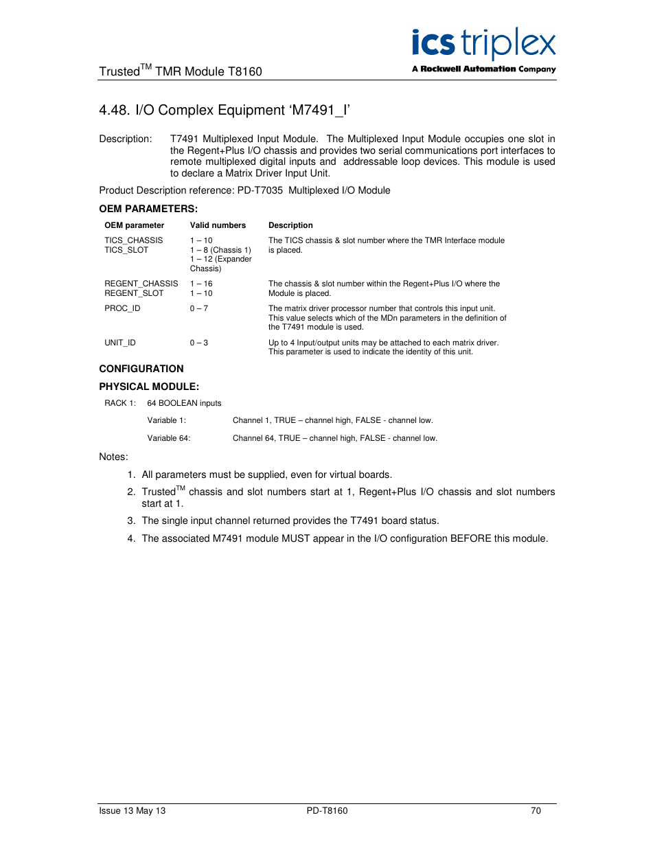 I/o complex equipment ‘m7491_i, Trusted, Tmr module t8160 | Rockwell Automation T8160 Trusted TMR Interface User Manual | Page 70 / 80