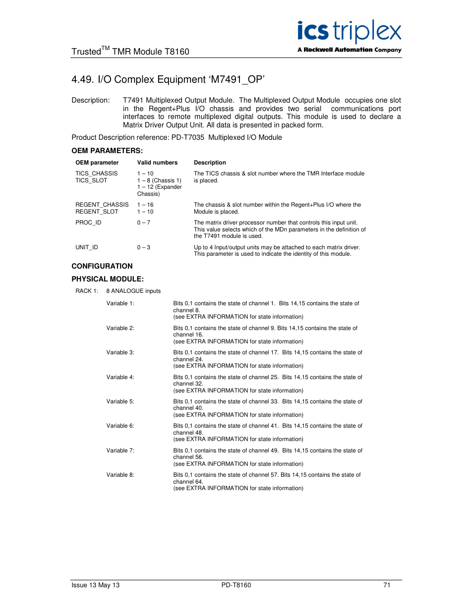 I/o complex equipment ‘m7491_op, Trusted, Tmr module t8160 | Rockwell Automation T8160 Trusted TMR Interface User Manual | Page 71 / 80