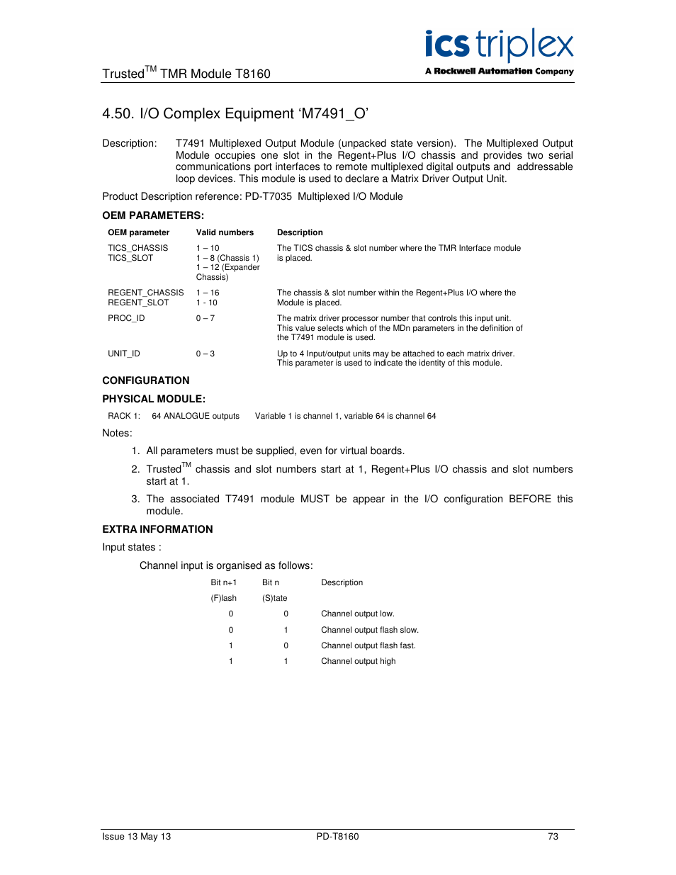 I/o complex equipment ‘m7491_o, Trusted, Tmr module t8160 | Rockwell Automation T8160 Trusted TMR Interface User Manual | Page 73 / 80