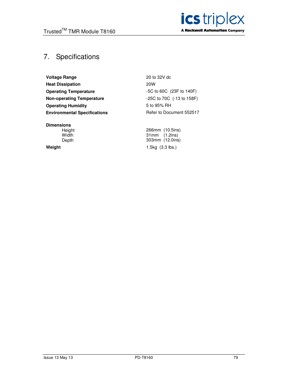 Specifications | Rockwell Automation T8160 Trusted TMR Interface User Manual | Page 79 / 80