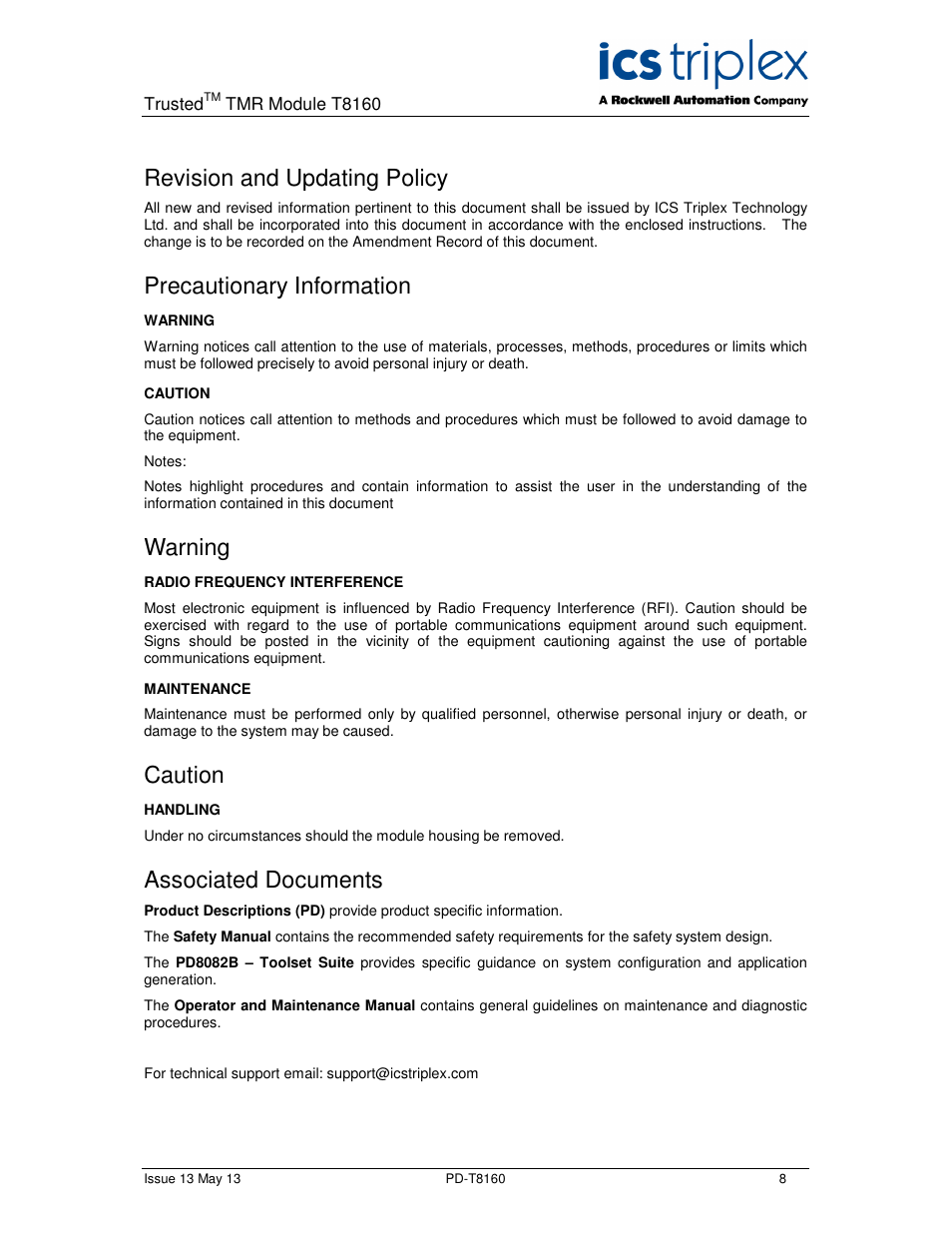 Revision and updating policy, Precautionary information, Warning | Caution, Associated documents | Rockwell Automation T8160 Trusted TMR Interface User Manual | Page 8 / 80