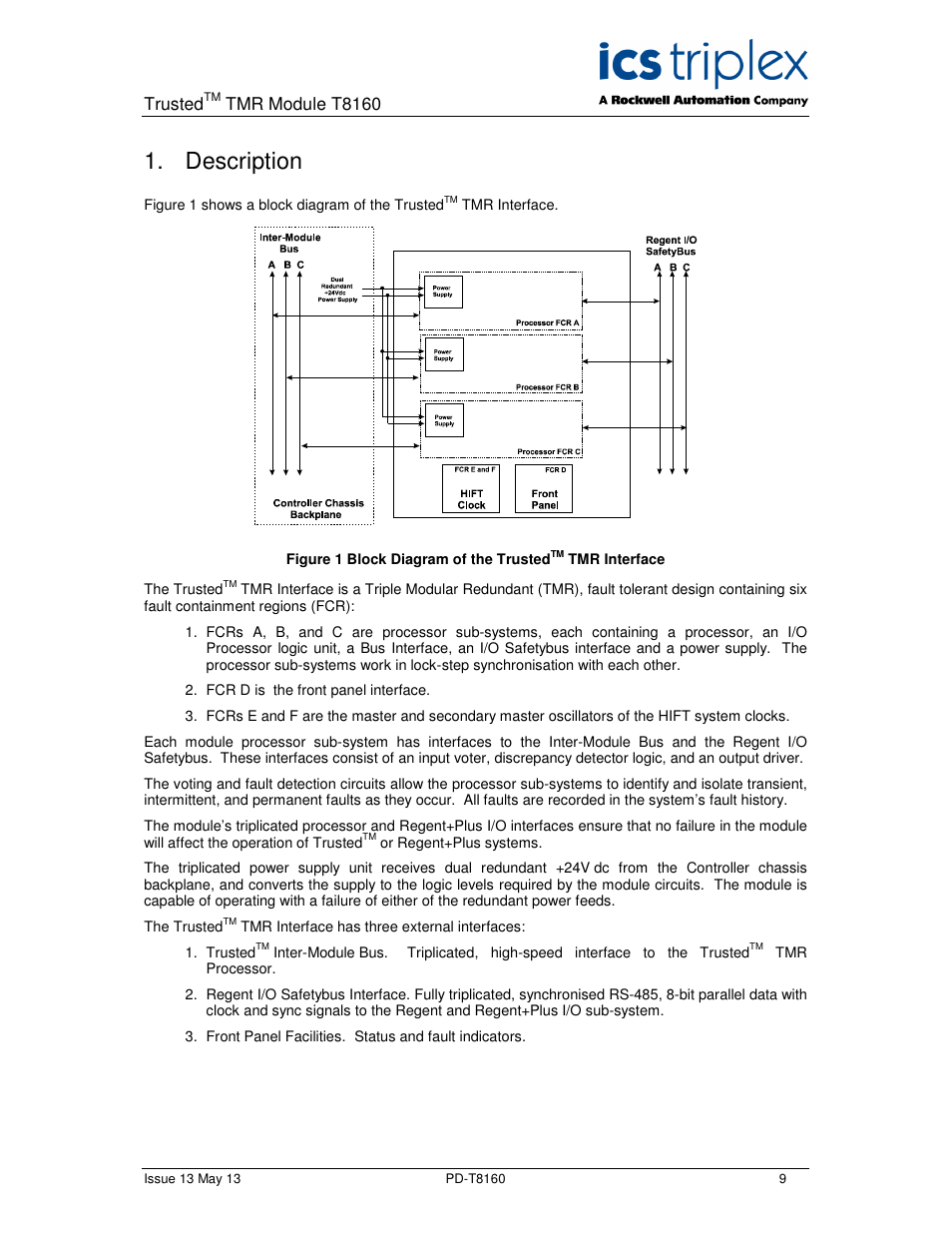 Description, Trusted, Tmr module t8160 | Rockwell Automation T8160 Trusted TMR Interface User Manual | Page 9 / 80