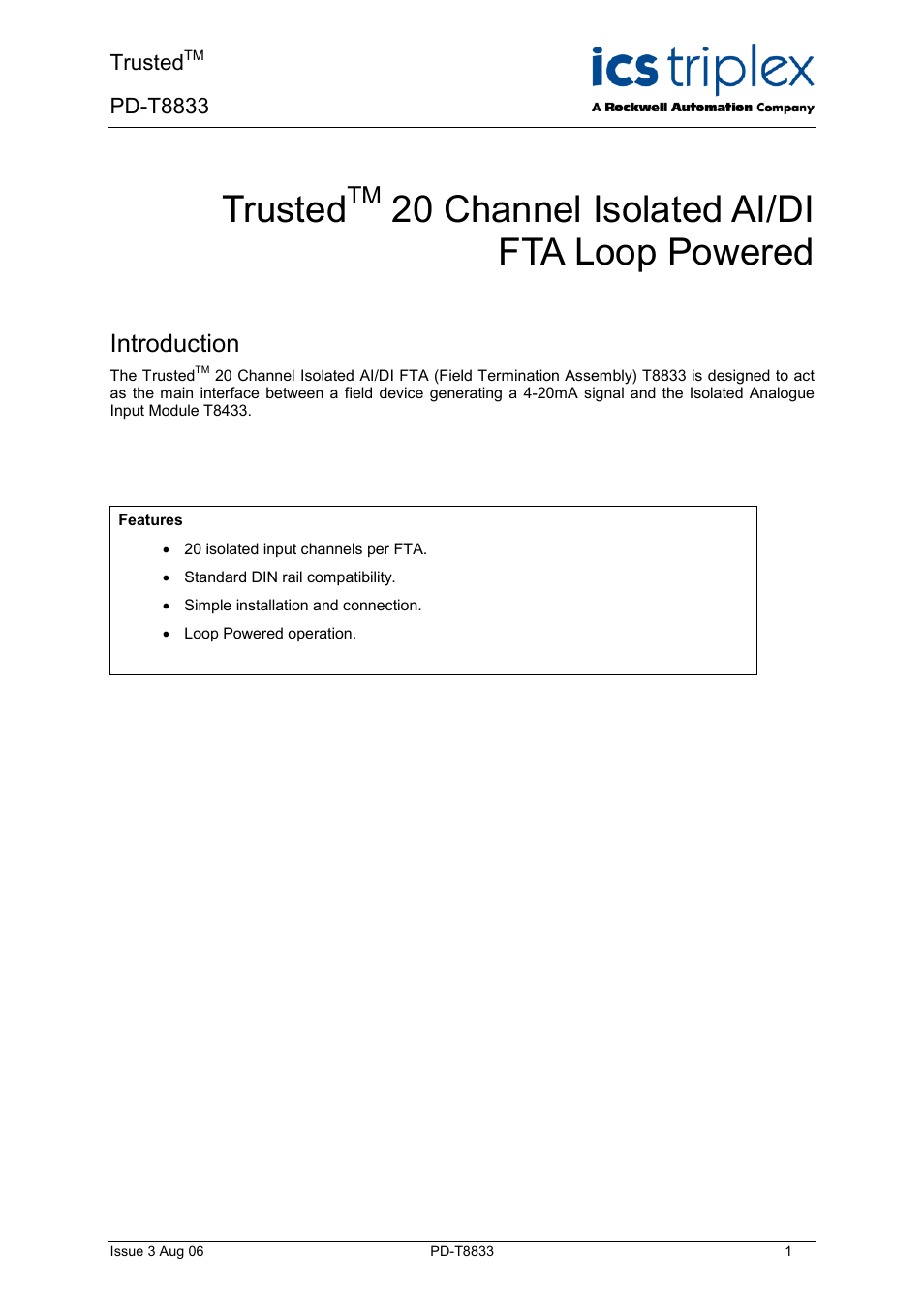 Rockwell Automation T8833 Trusted 20 Channel Isolated AI/DI FTA Loop Powered User Manual | 12 pages