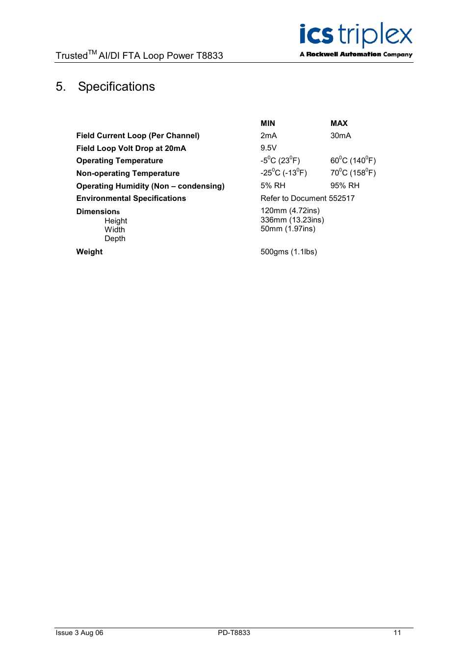 Specifications, Trusted, Ai/di fta loop power t8833 | Rockwell Automation T8833 Trusted 20 Channel Isolated AI/DI FTA Loop Powered User Manual | Page 11 / 12