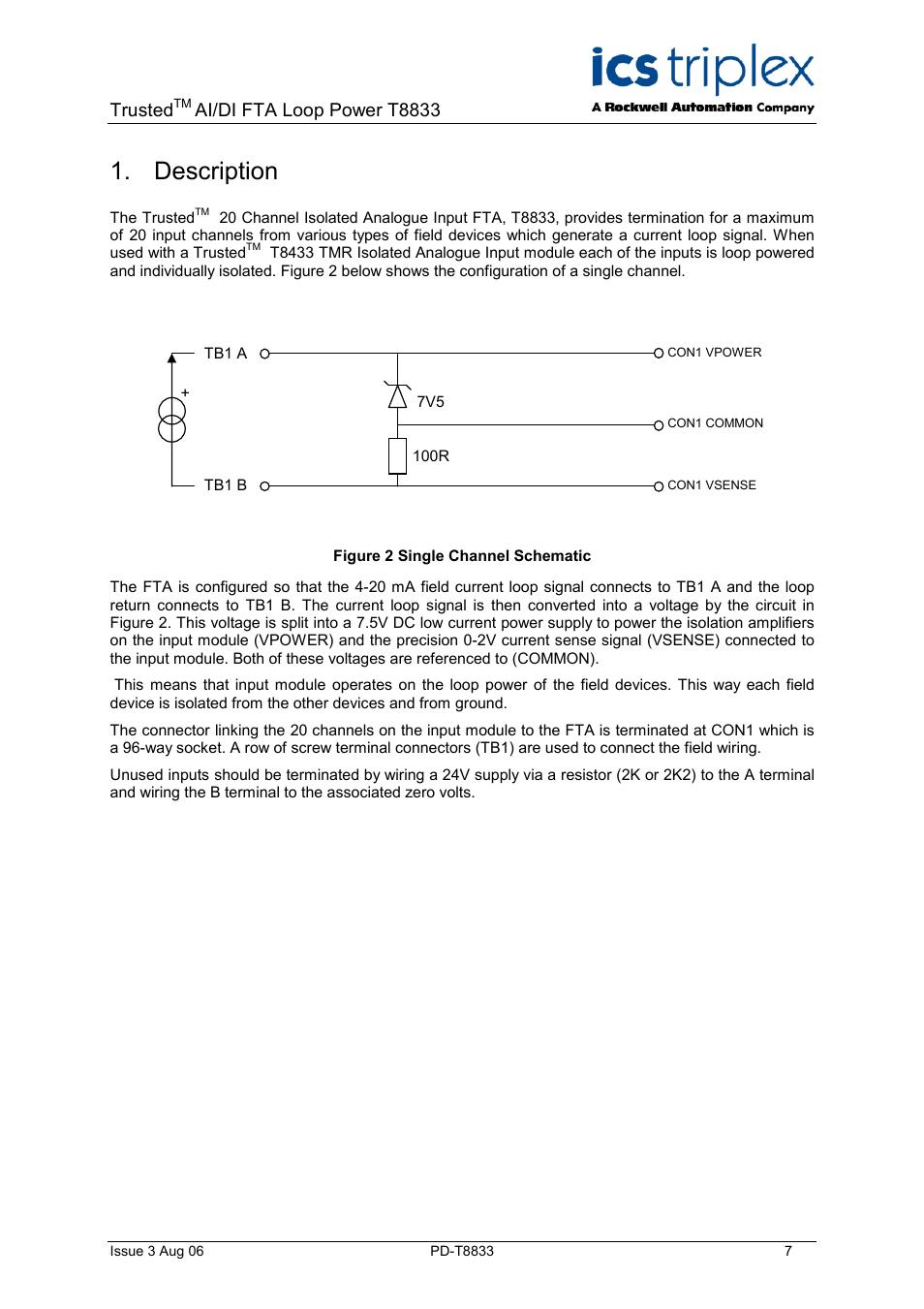 Description, Figure 2 single channel schematic, Trusted | Ai/di fta loop power t8833 | Rockwell Automation T8833 Trusted 20 Channel Isolated AI/DI FTA Loop Powered User Manual | Page 7 / 12