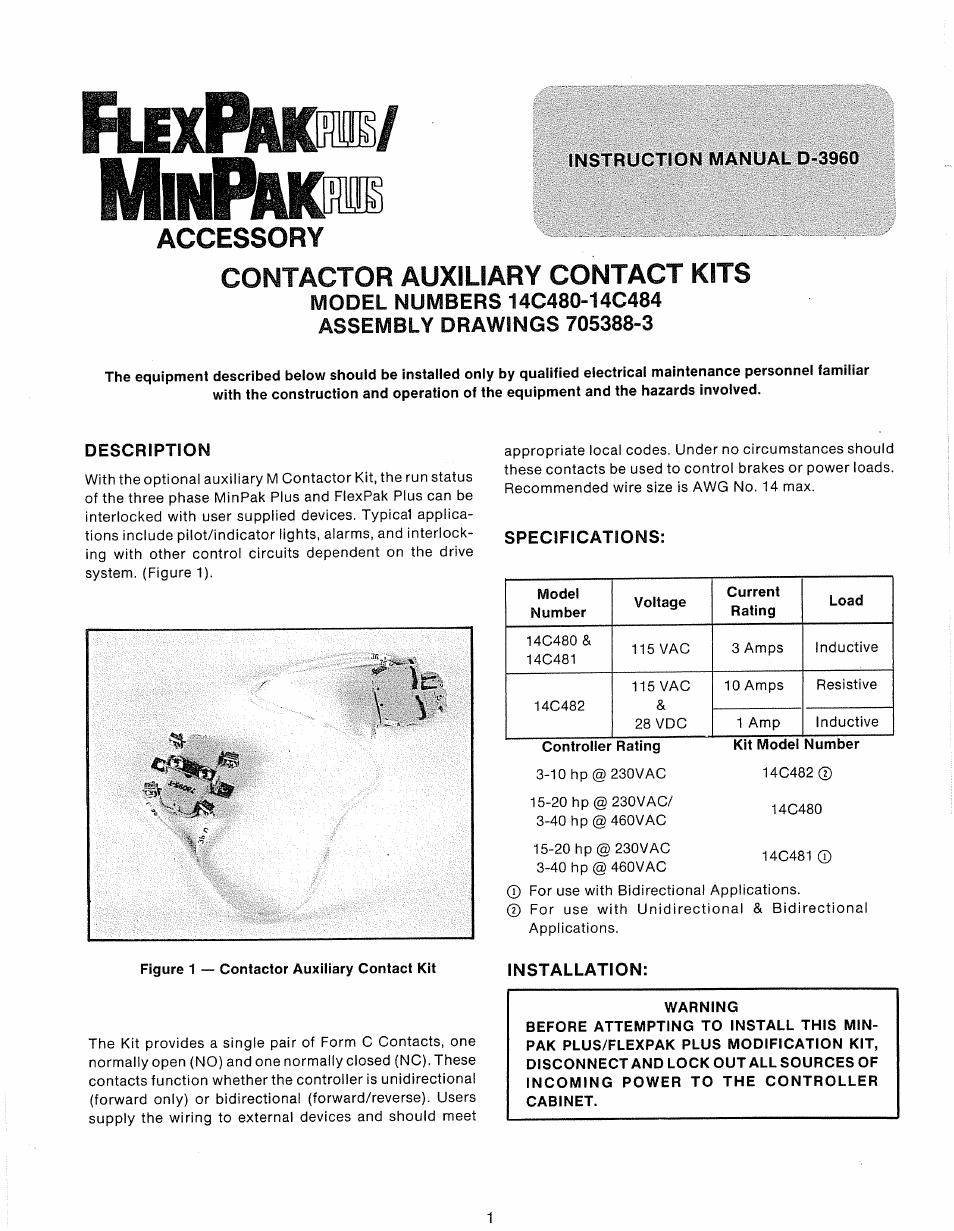 Rockwell Automation FlexPak Plus Contactor Auxiliary Contact Kit 14C480-484 User Manual | 4 pages