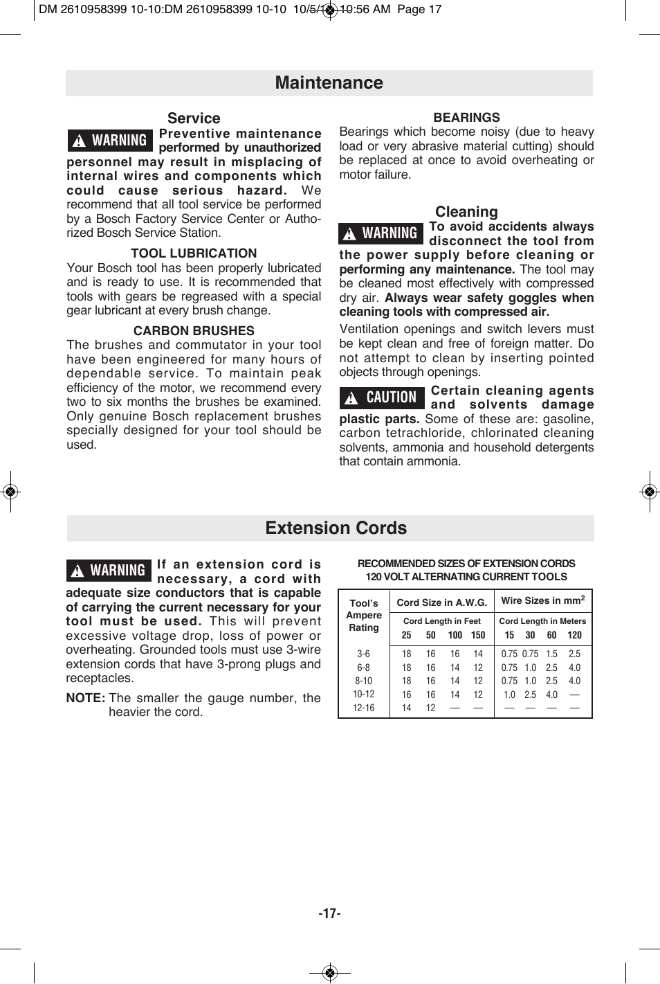 Extension cords, Maintenance, Warning | Service, Cleaning, Caution | Bosch MX25E User Manual | Page 17 / 52