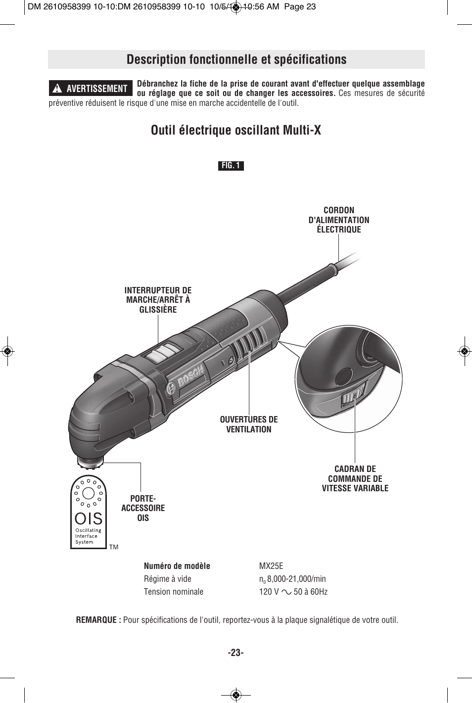 Description fonctionnelle et spécifications, Outil électrique oscillant multi-x | Bosch MX25E User Manual | Page 23 / 52