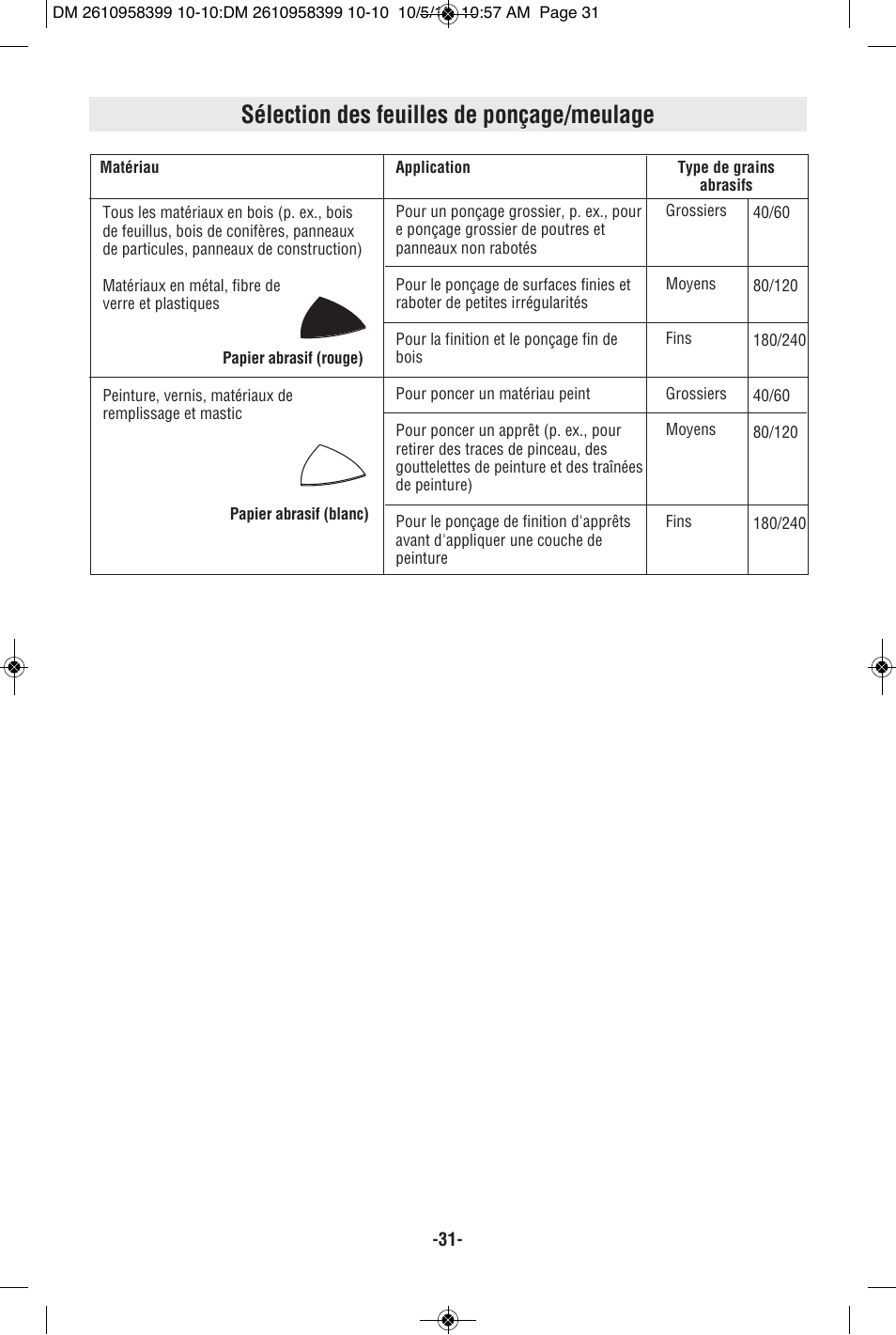 Sélection des feuilles de ponçage/meulage | Bosch MX25E User Manual | Page 31 / 52