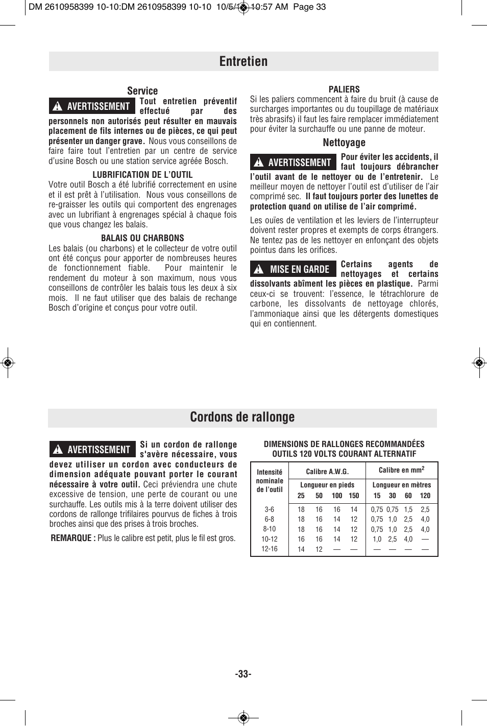 Entretien, Cordons de rallonge, Service | Nettoyage | Bosch MX25E User Manual | Page 33 / 52