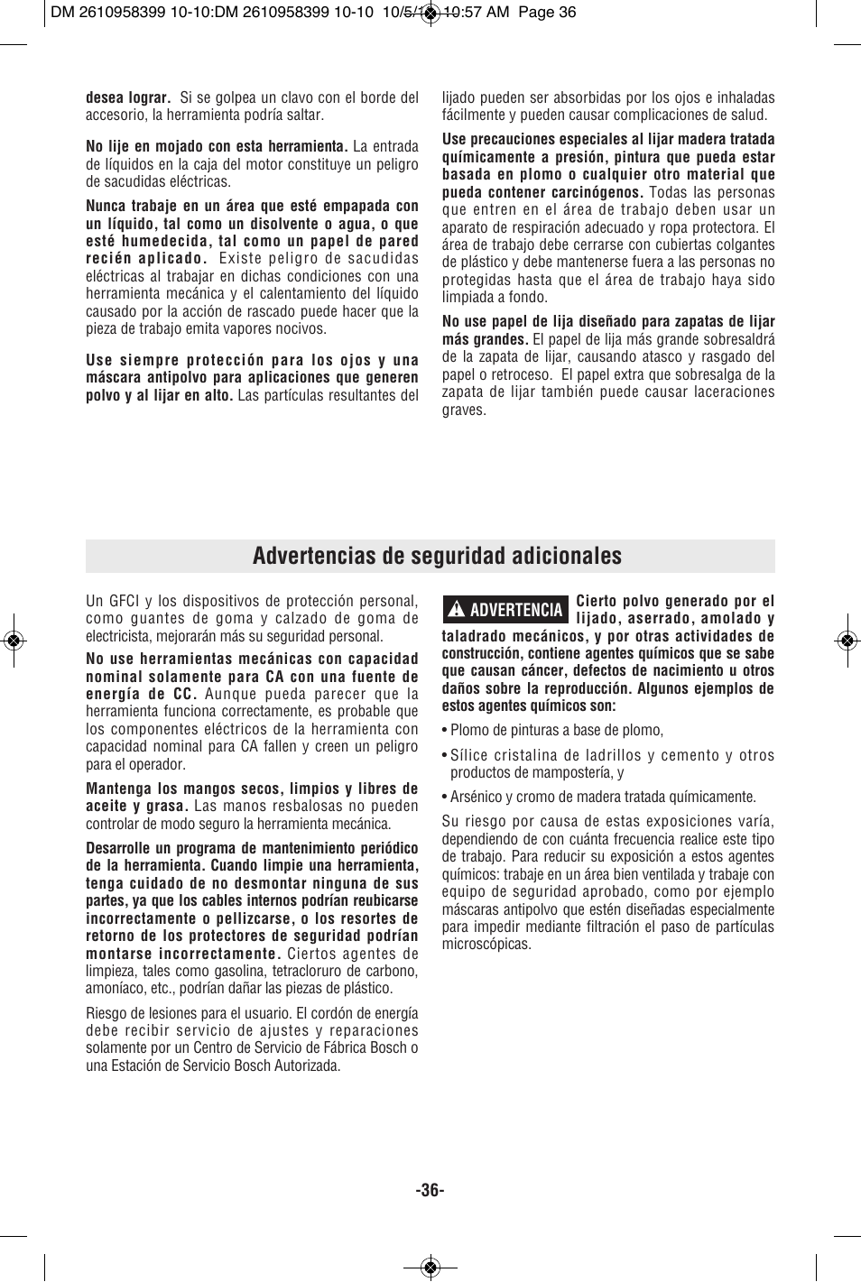 Advertencias de seguridad adicionales | Bosch MX25E User Manual | Page 36 / 52