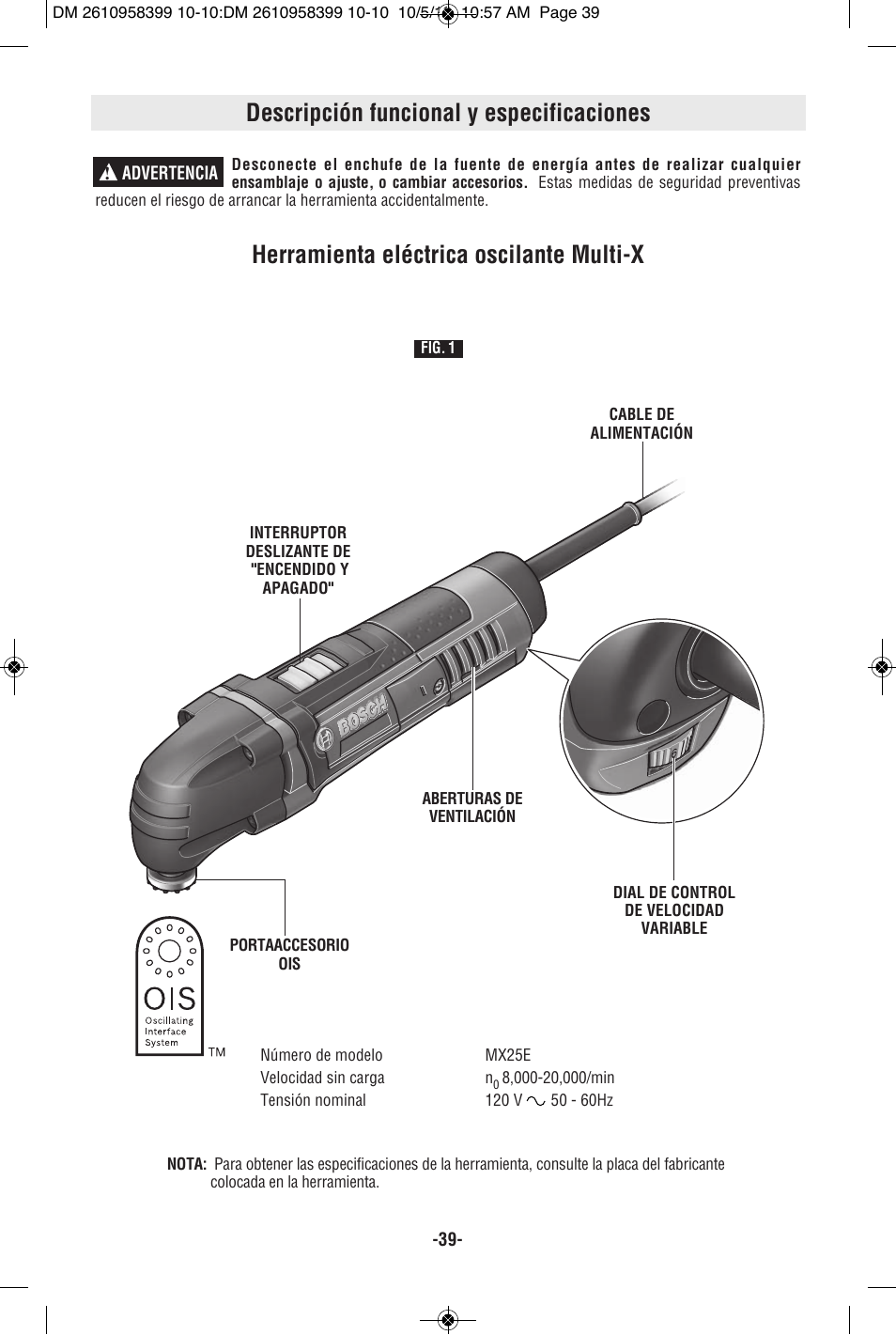 Descripción funcional y especificaciones, Herramienta eléctrica oscilante multi-x | Bosch MX25E User Manual | Page 39 / 52