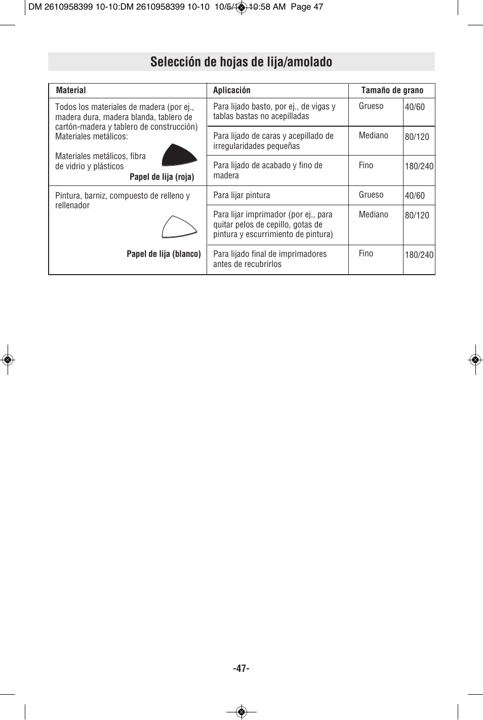 Selección de hojas de lija/amolado | Bosch MX25E User Manual | Page 47 / 52