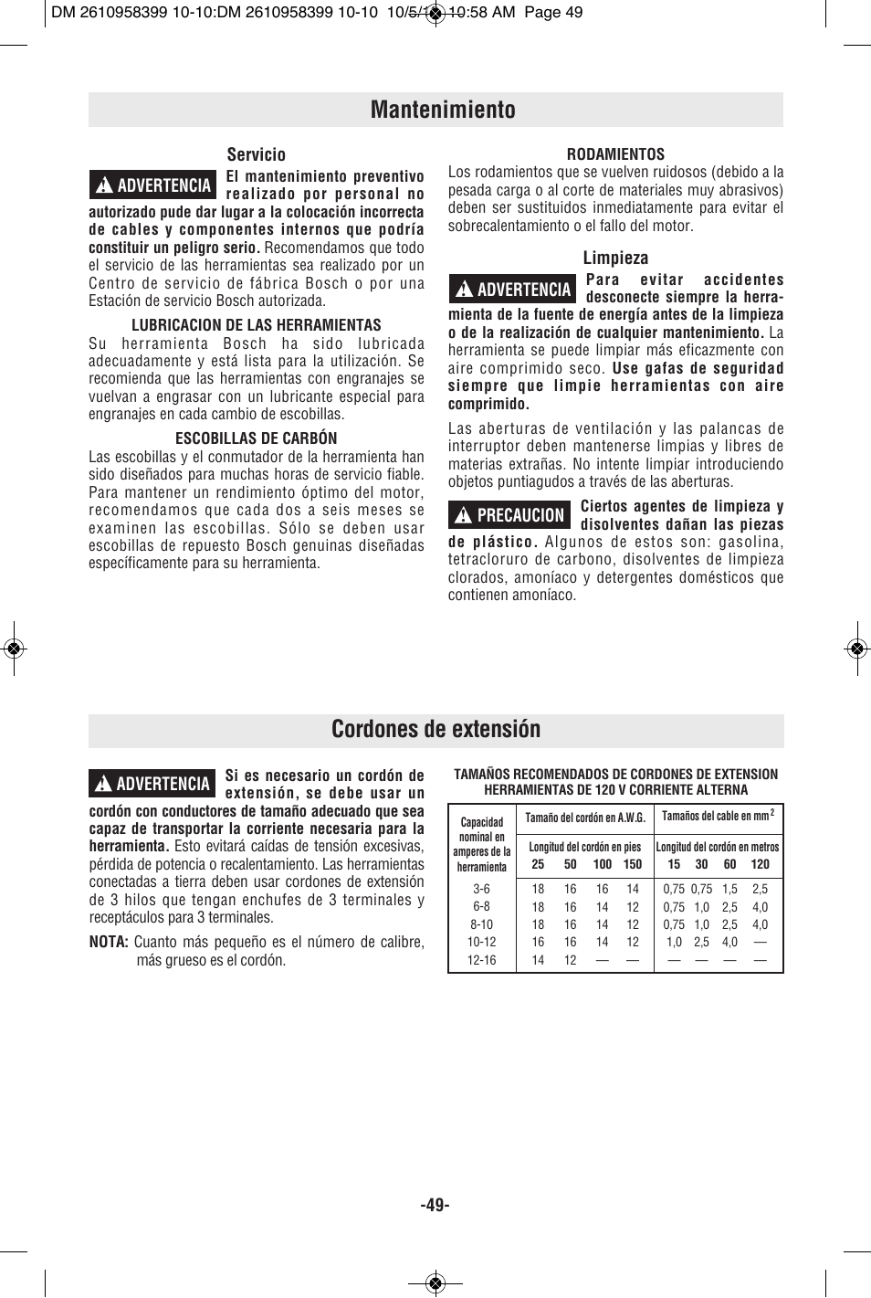 Mantenimiento, Cordones de extensión, Servicio | Limpieza, Advertencia ! advertencia ! precaucion, Advertencia | Bosch MX25E User Manual | Page 49 / 52