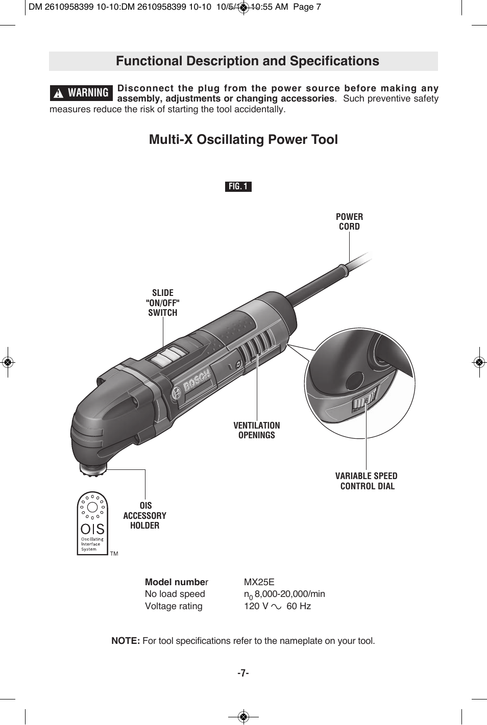 Functional description and specifications, Multi-x oscillating power tool | Bosch MX25E User Manual | Page 7 / 52