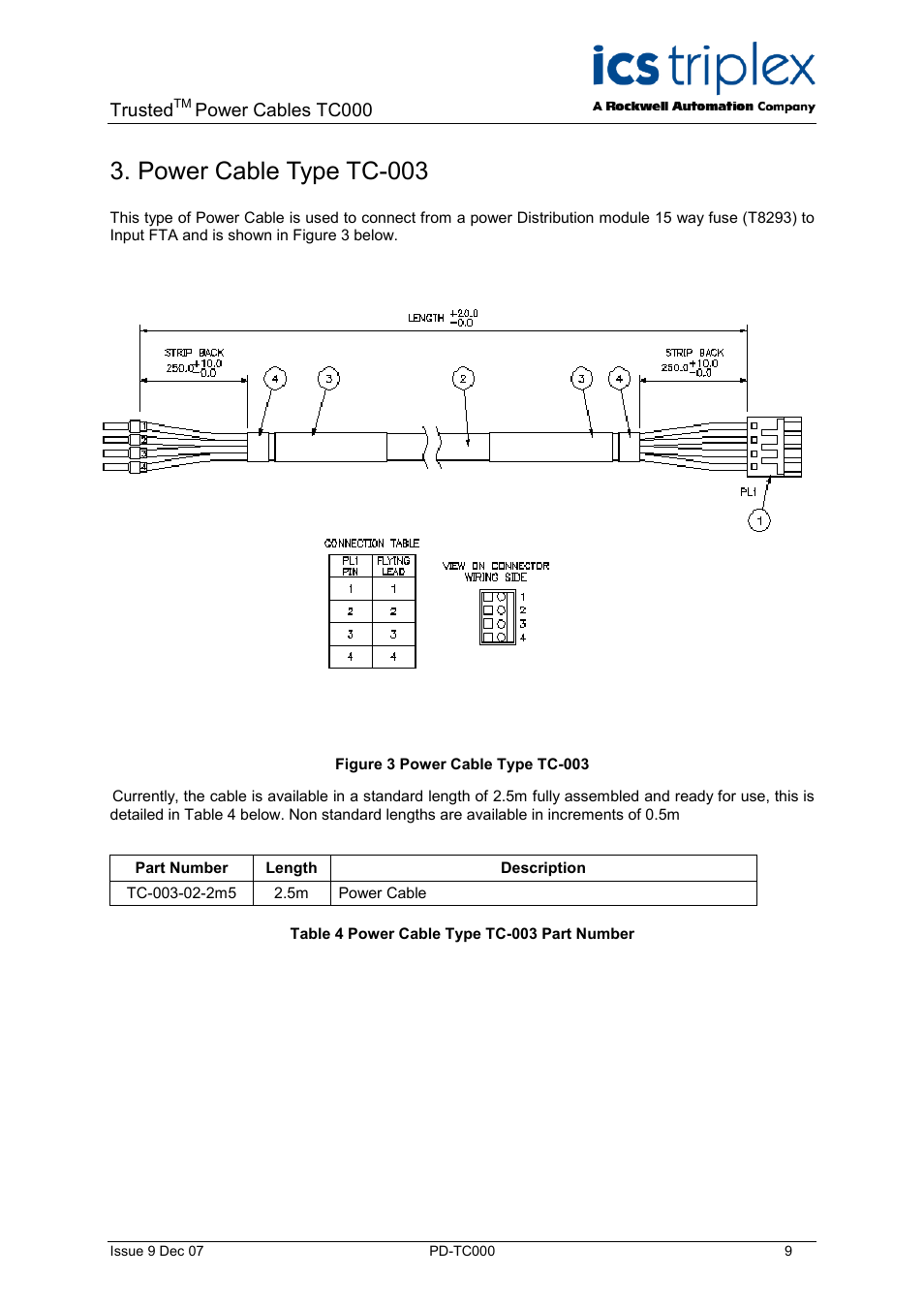 Power cable type tc-003, Figure 3 power cable type tc-003, Table 4 power cable type tc-003 part number | Rockwell Automation TC000 Trusted TC000 Power Cables User Manual | Page 9 / 14