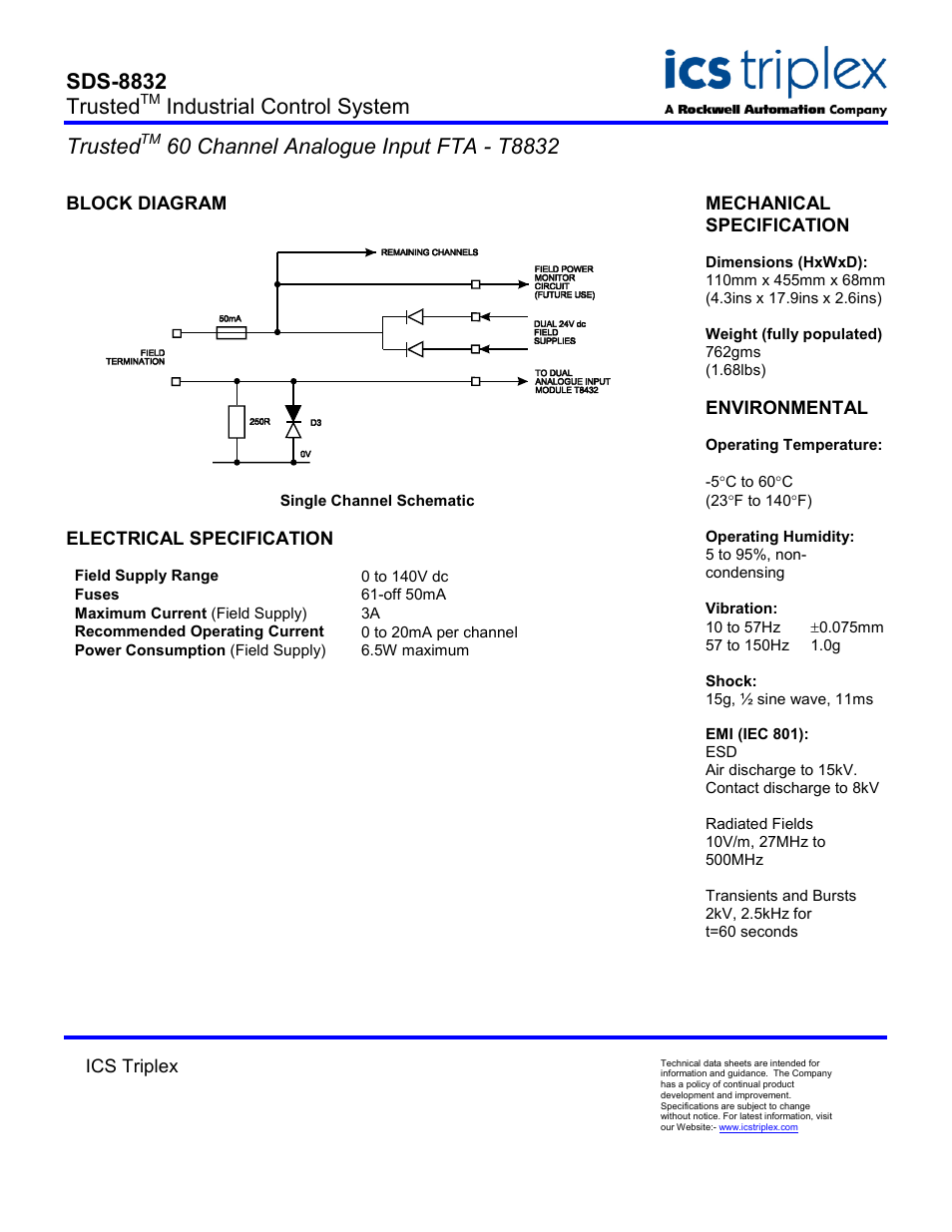 Block diagram, Single channel schematic, Electrical specification | Sds-8832 trusted, Industrial control system trusted | Rockwell Automation T8832 Trusted 60 Channel Analogue Input FTA User Manual | Page 2 / 2