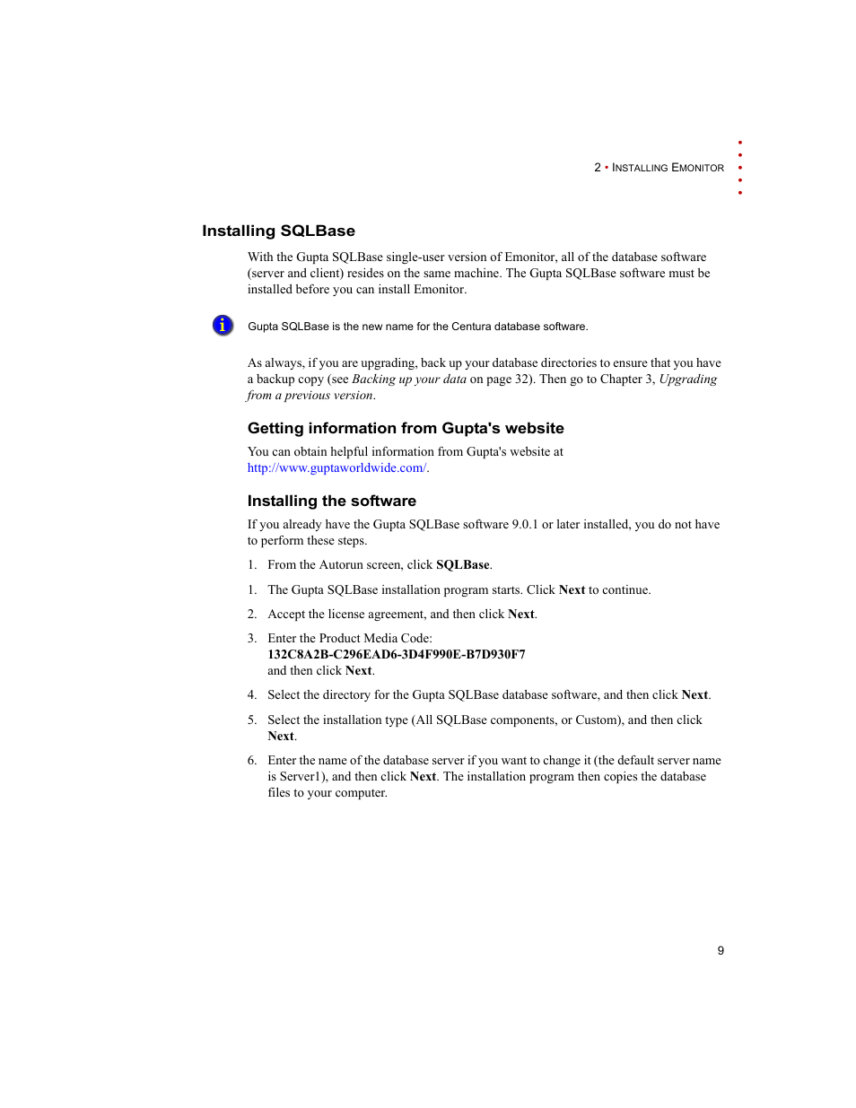 Installing sqlbase, Getting information from gupta's website, Installing the software | Rockwell Automation Emonitor with a Gupta Single-User Database User Manual | Page 13 / 50