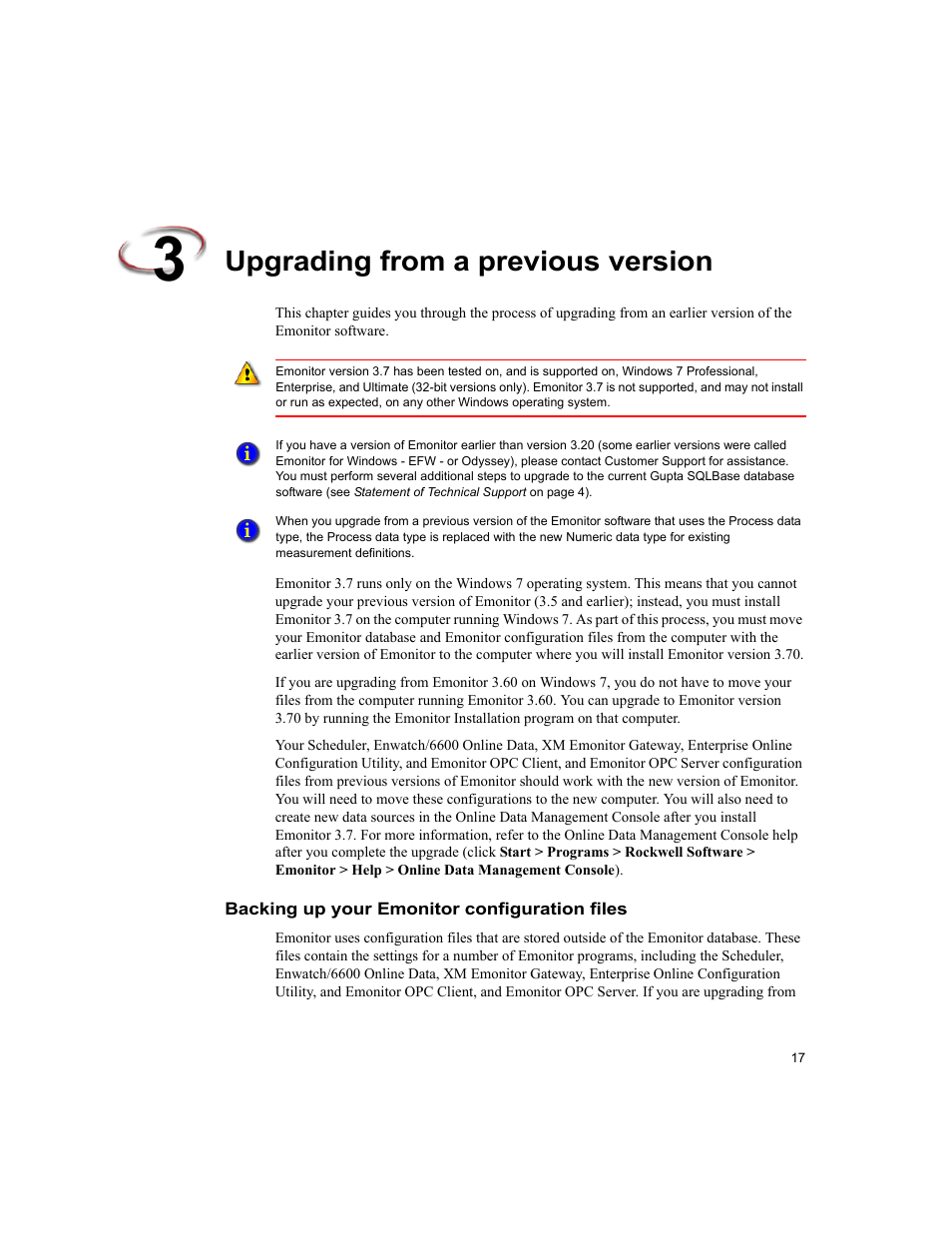 Upgrading from a previous version, Backing up your emonitor configuration files | Rockwell Automation Emonitor with a Gupta Single-User Database User Manual | Page 21 / 50
