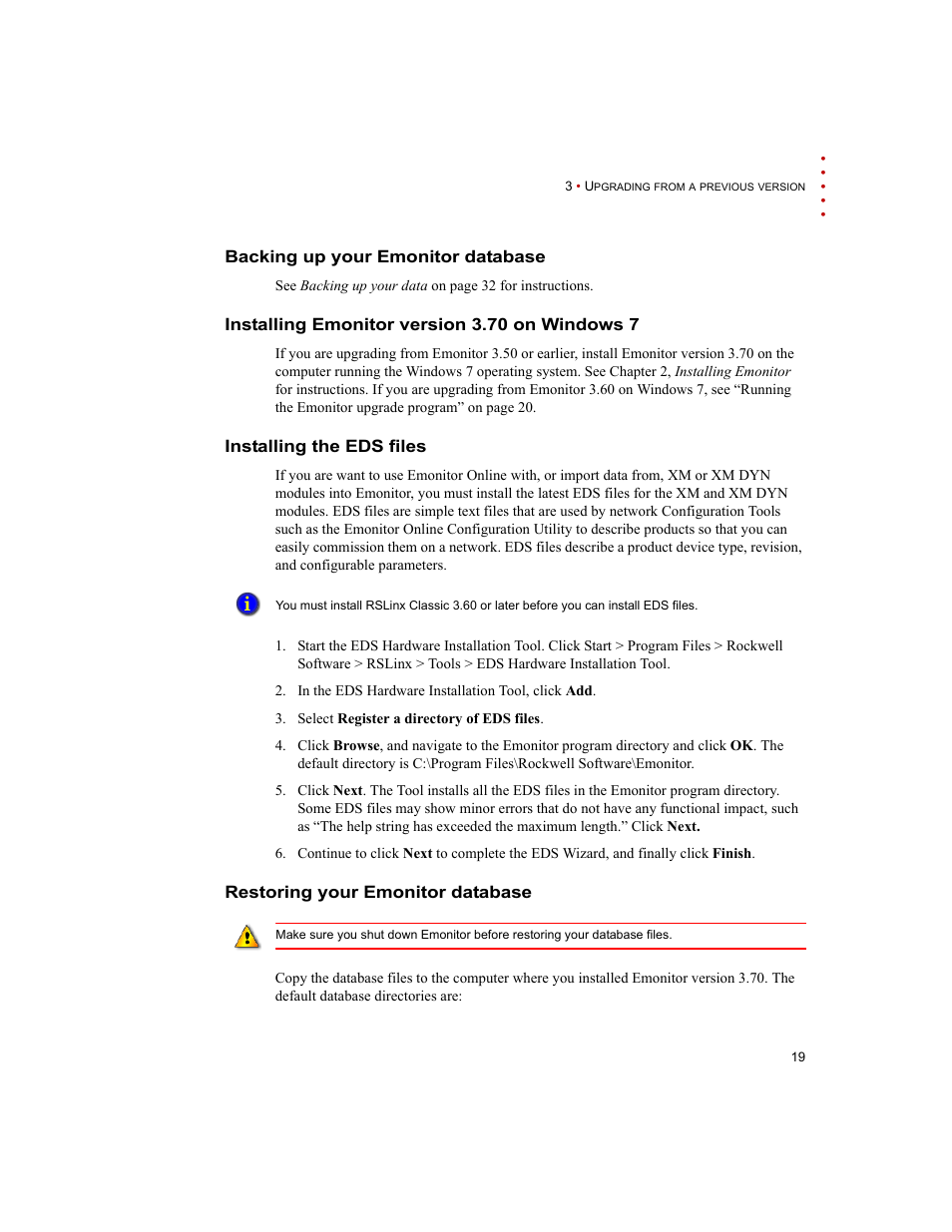 Backing up your emonitor database, Installing emonitor version 3.70 on windows 7, Installing the eds files | Restoring your emonitor database | Rockwell Automation Emonitor with a Gupta Single-User Database User Manual | Page 23 / 50