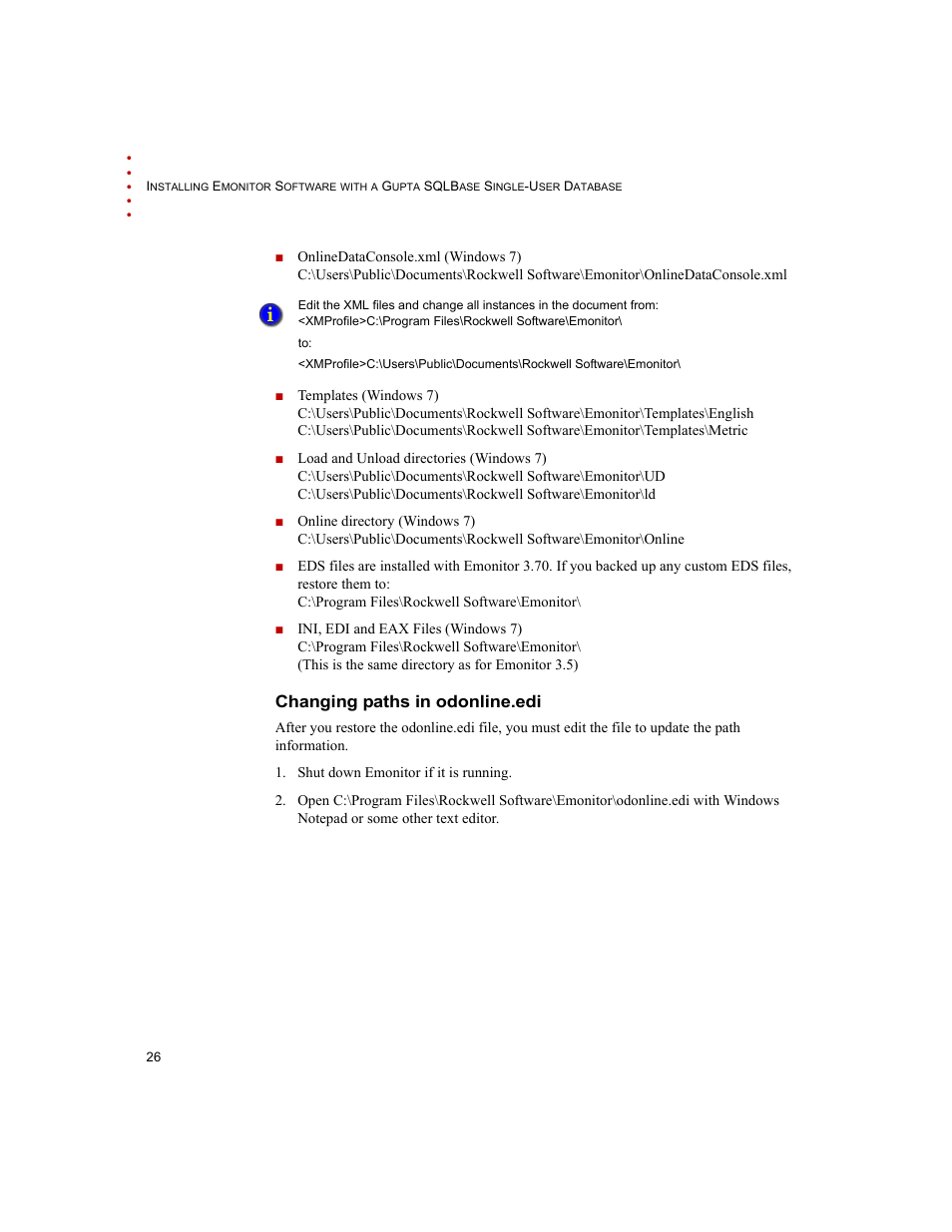 Changing paths in odonline.edi | Rockwell Automation Emonitor with a Gupta Single-User Database User Manual | Page 30 / 50