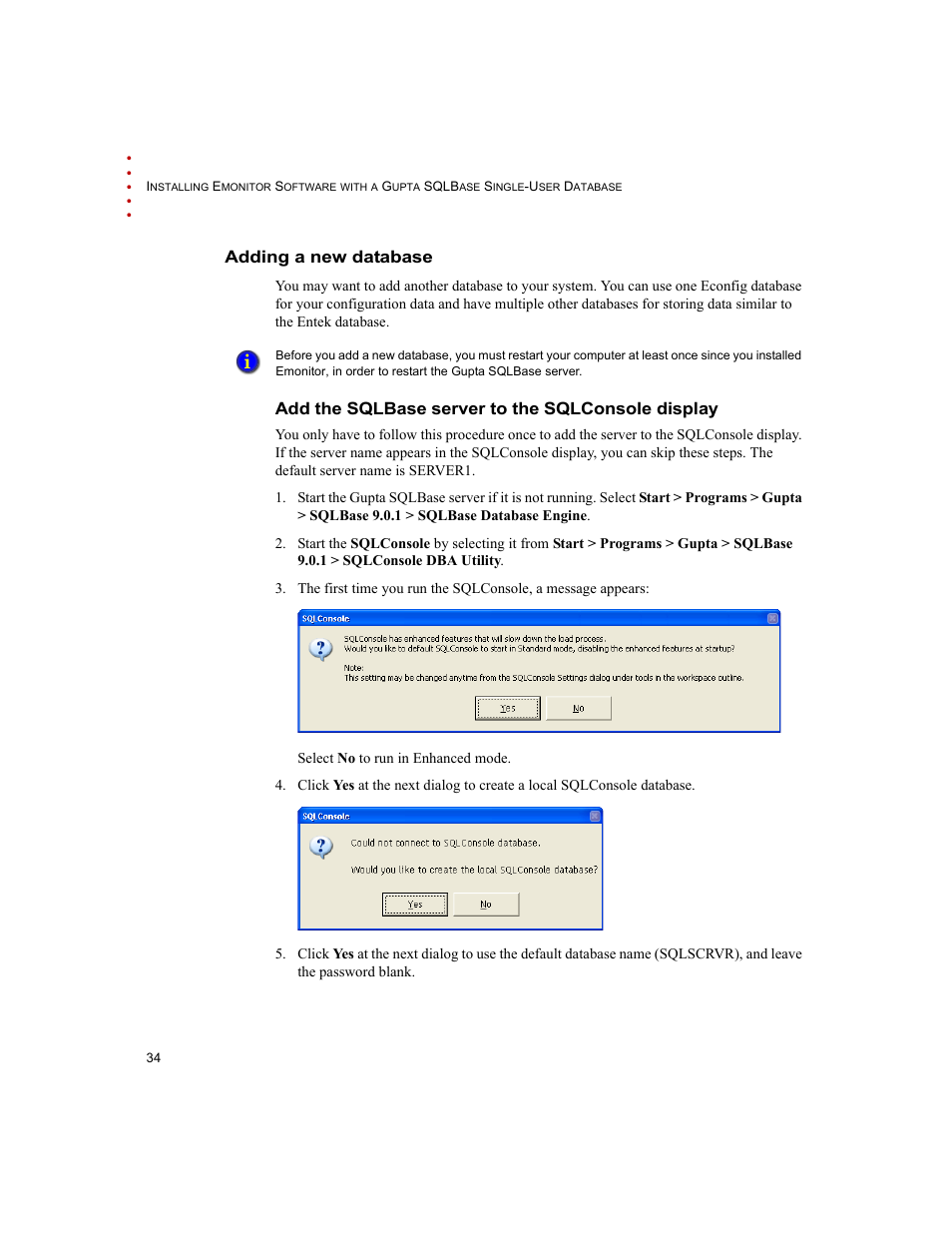 Adding a new database, Add the sqlbase server to the sqlconsole display | Rockwell Automation Emonitor with a Gupta Single-User Database User Manual | Page 38 / 50
