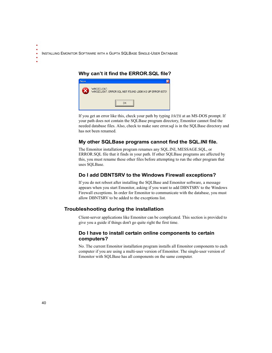 Why can’t it find the error.sql file, Troubleshooting during the installation | Rockwell Automation Emonitor with a Gupta Single-User Database User Manual | Page 44 / 50