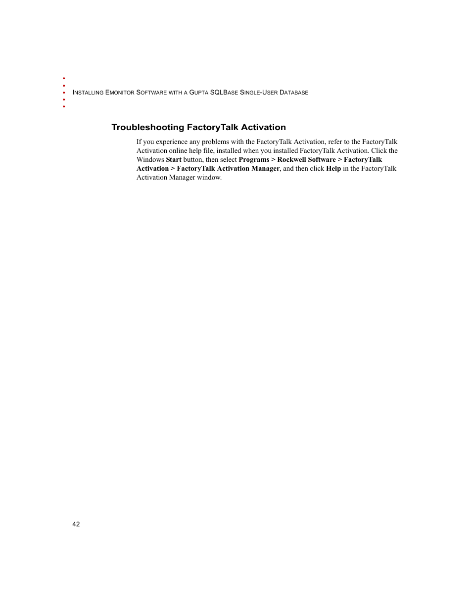 Troubleshooting factorytalk activation | Rockwell Automation Emonitor with a Gupta Single-User Database User Manual | Page 46 / 50